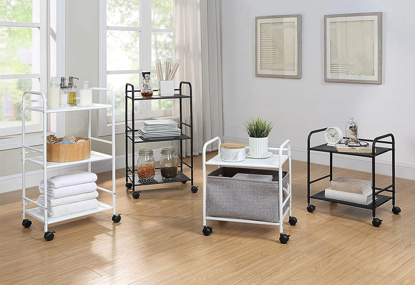 SunnyPoint 3-Tier Rolling Utility Cart – Metal Storage Organizer with Wheels, Mobile Kitchen Cart, Office & Home Organizer, White, 12" D x 16.92" W x 31.1" H