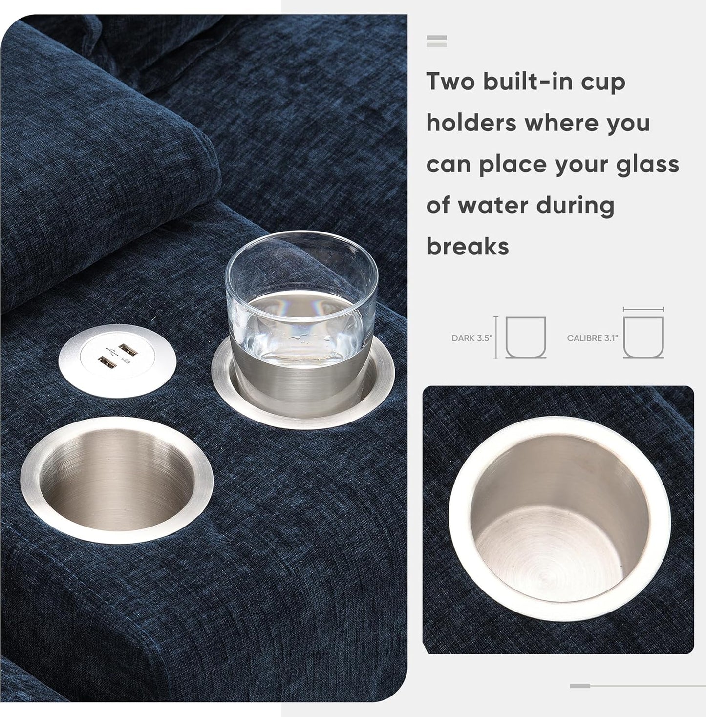 Merax 123" Modular Sectional Couches with Waist Pillows, Cupholders, Console and USB Charging, 6-Seat Upholstered Sleeper Sofa Chaise Lounge & Double Cushions for Living Room, Apartment, Dark Blue