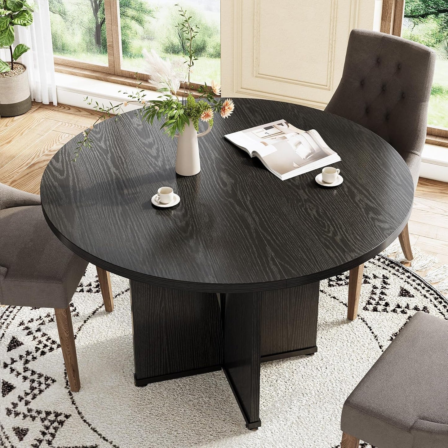 LITTLE TREE 39-Inch Dining Table for 4, Rustic Kitchen Table, Round Dining Table with X-Shaped Stable Pedestal, Farmhouse Dinner Table for Dining Room, Living Room, Black