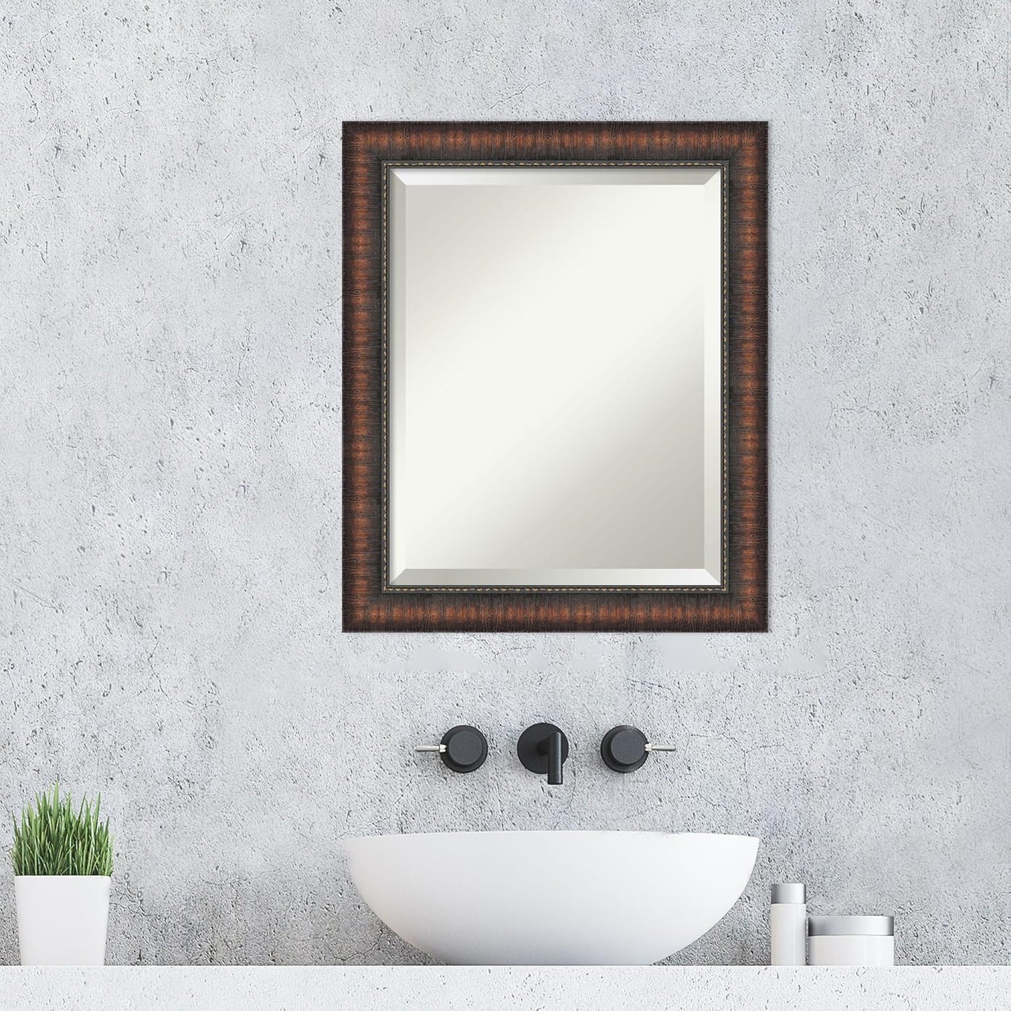 Amanti Art Brown Wall Mirror 24x20 Caleb Brown Rectangle Bathroom Mirror for Wall Decor Living Room, Small Rustic Farmhouse Frame, Hangs Horizonally and Vertically, Bathroom Decor, Beveled Edge
