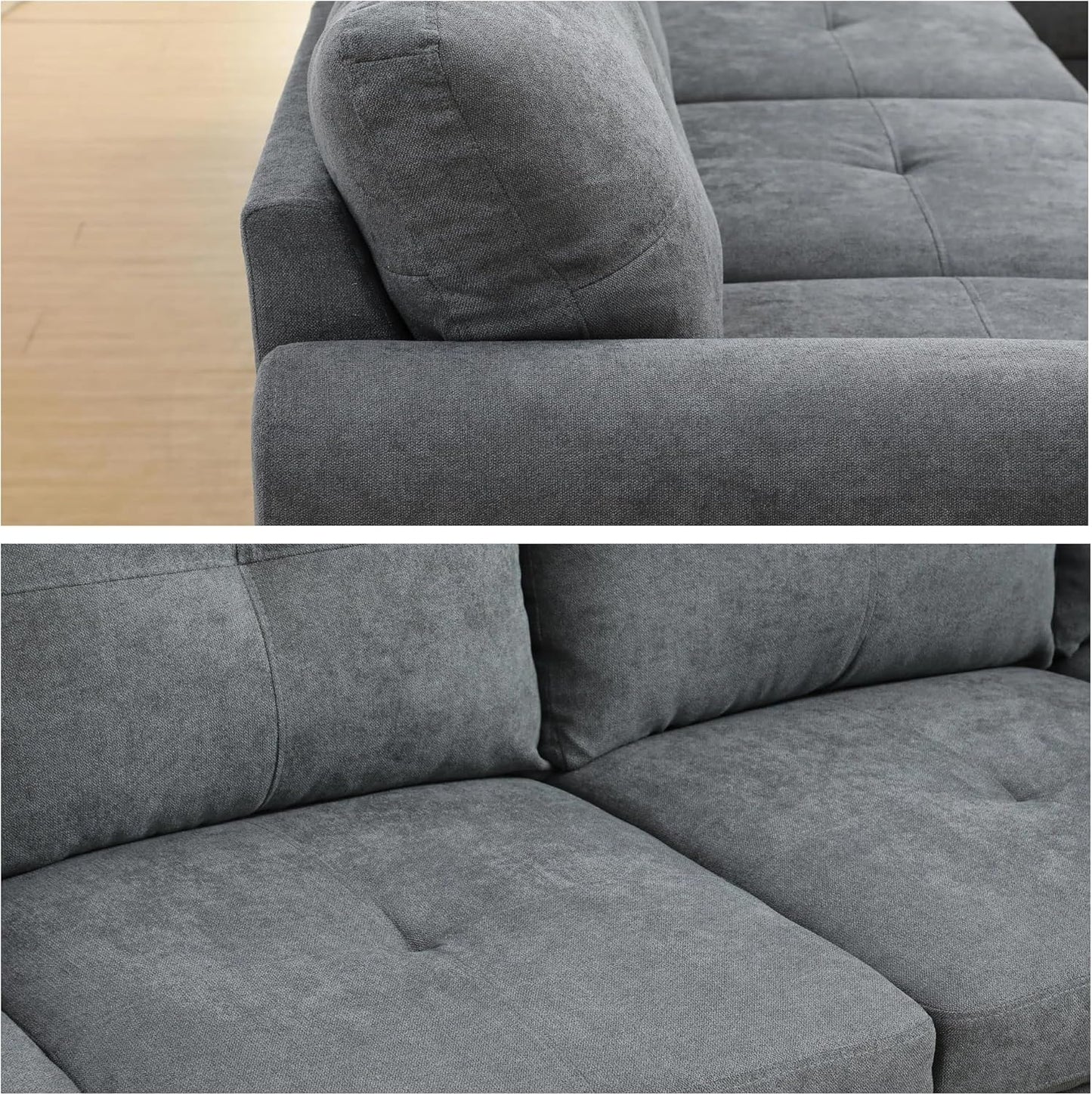 L-Shaped Sectional Sofa with Ottoman, Right-Facing Modern Microfiber Couch for Living Room, Bedroom, Office, Gray-Blue