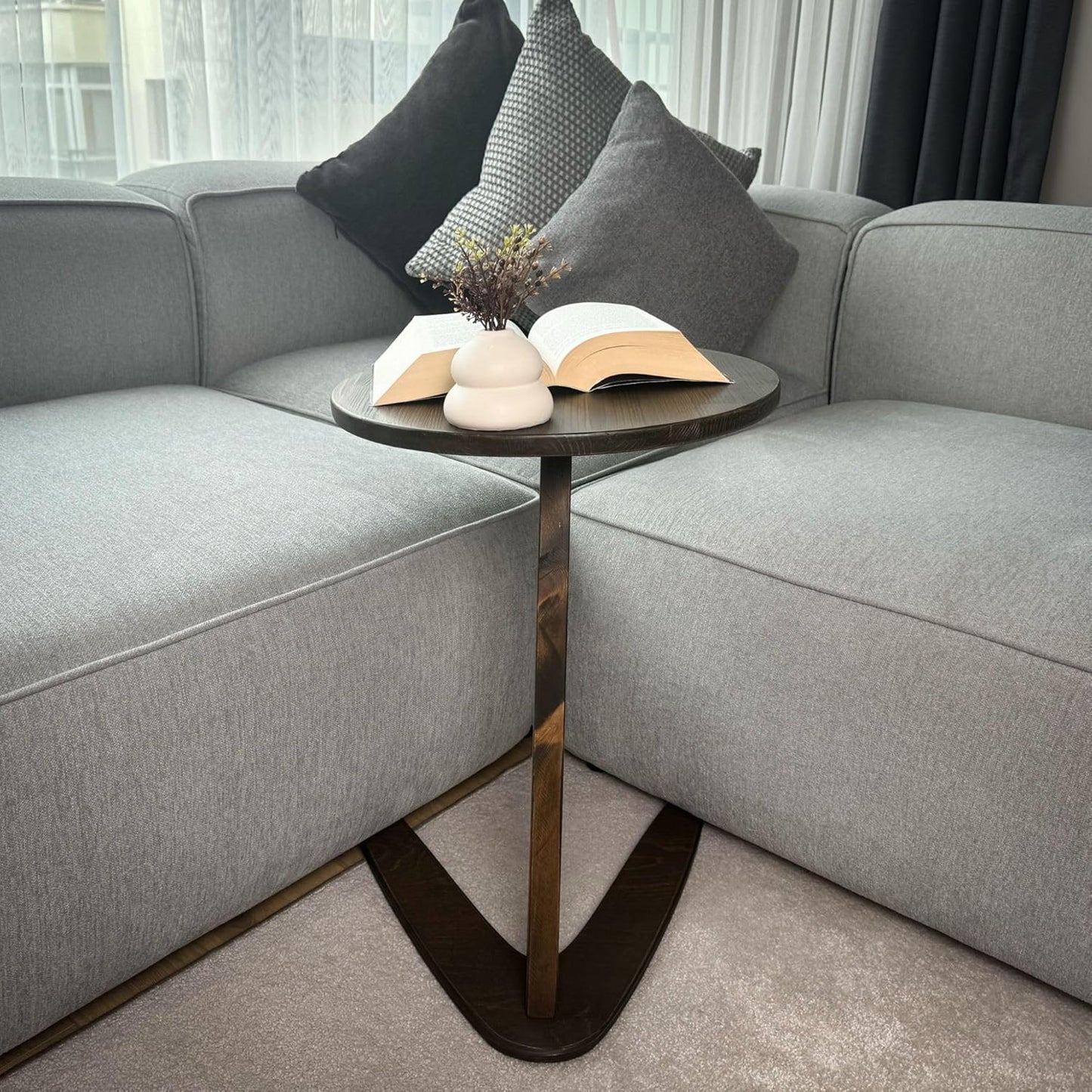 C-Shaped Handmade Solid Wood End Table, Side Table for Couches, Sofa Tables Slide Under Couch for Living Room, Over Couch TV Tray Table for Small Spaces (Medium, Dark Walnut)