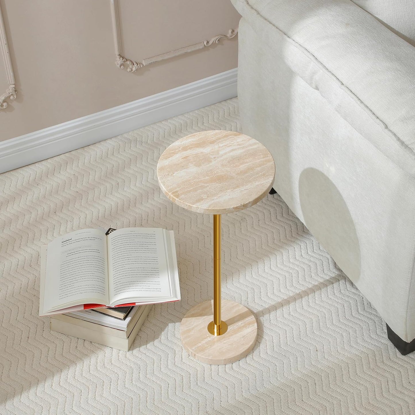 Φ9.8-inch Marble Round Drink Table, Stone Finish Pedestal End Table for Living Room, Weighted Base Small Accent Side Table for Small Space Office - Beige