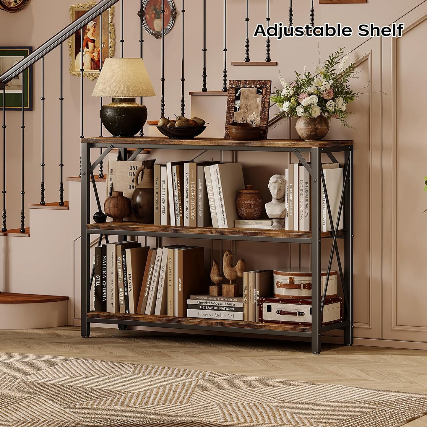 Homeiju Entry Table 40" Width, 3-Tier Entryway Table with Storage, Industrial Sofa Table with Open Shelves, Foyer Tables for Entryway, Hallway, Kitchen, Living Room and Bedroom, Rustic Brown