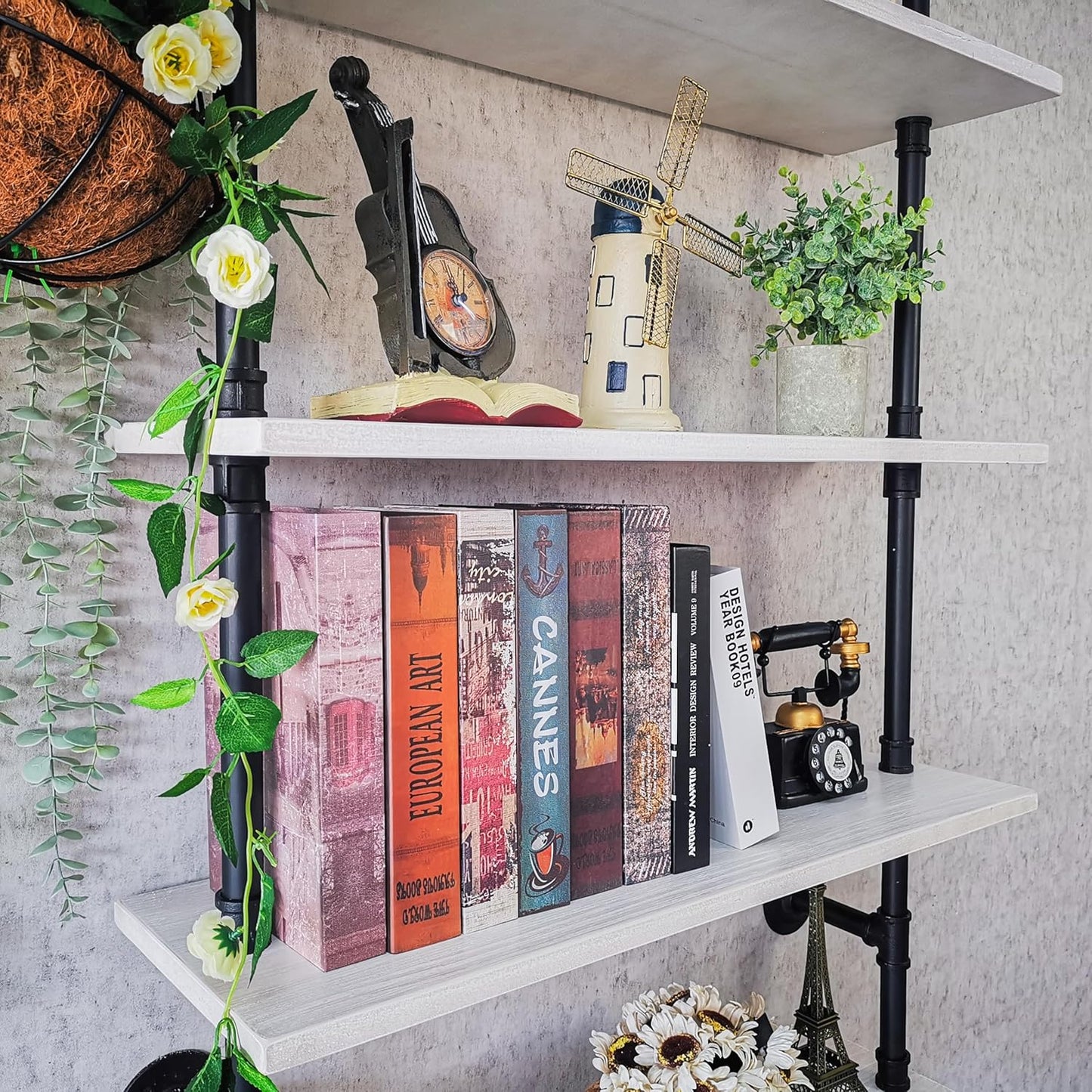 Pipe Shelves, Wall Mounted Wood Metal Industrial Shelves, Ladder Bookshelf for Living Room (White, 10" D x 30" W x 82.5" H)