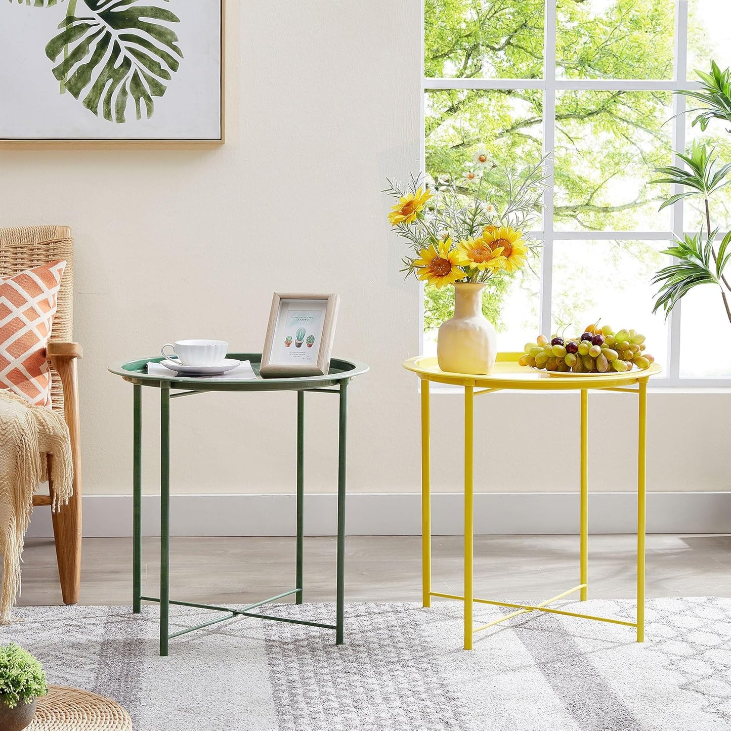 VECELO Side/End Table, Folding Round Metal Anti-Rust and Waterproof Outdoor or Indoor Tray for Living Room Bedroom Balcony and Office, 1 PCS, Dark Green