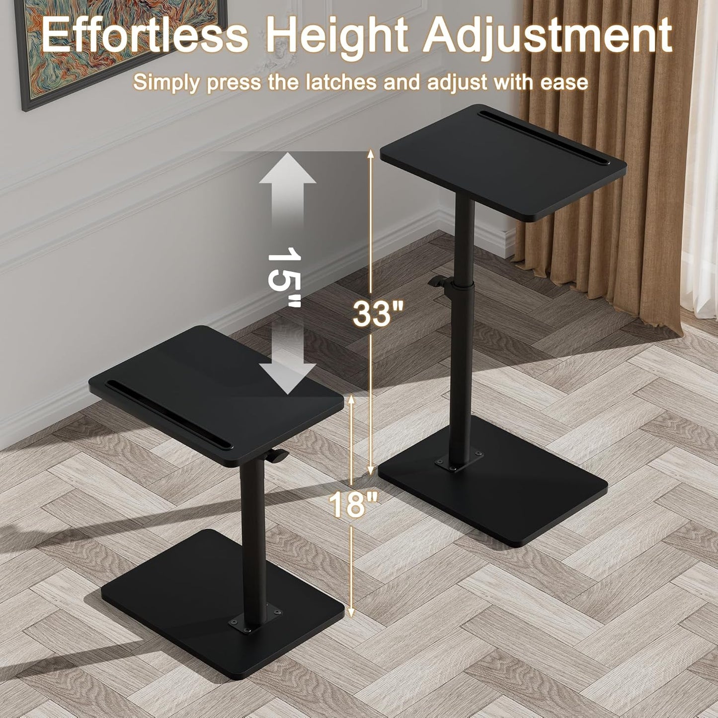 Sofa Armrest Tray Table for Couch - 360° Swivel Height Adjustable End for Small Spaces, Snack Side Table for Bed or Chair with Phone & Tablet Slot (Black,Standard)