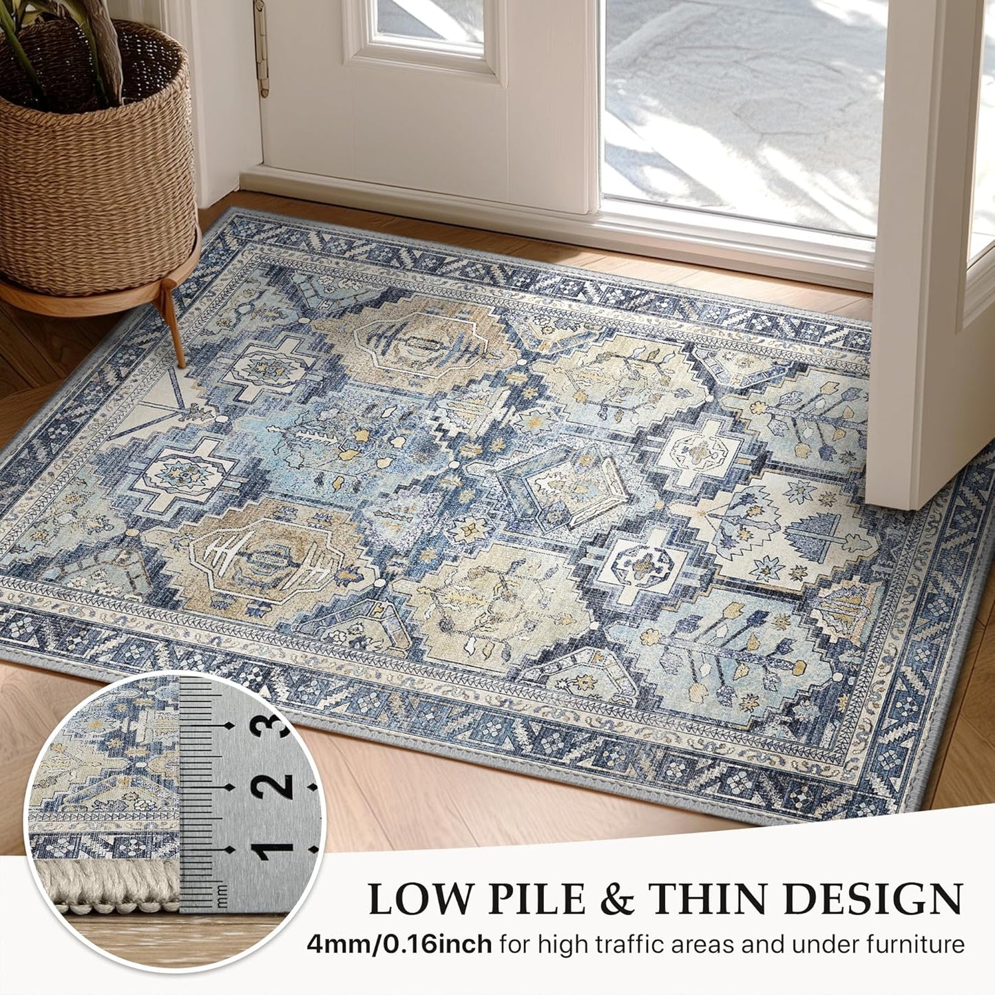 GENIMO 2x5 Runner Rugs for Hallway, Machine Washable Non Slip Vintage Rugs, Low Pile Lightweight Soft Print Rug for enrtyway, Corridor, Home Office, Kitchen, Brown Blue