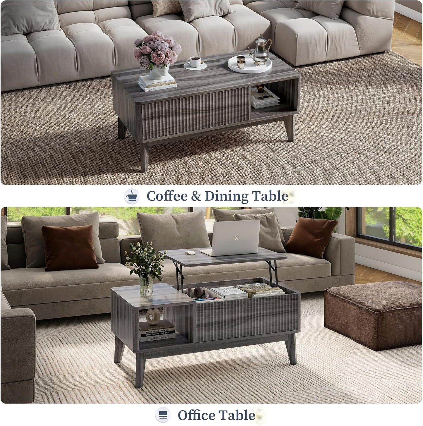 LYNCOHOME Fluted Lift Top Coffee Table with Storage,Modern Center Table for Living Room, Home Office(Grey)