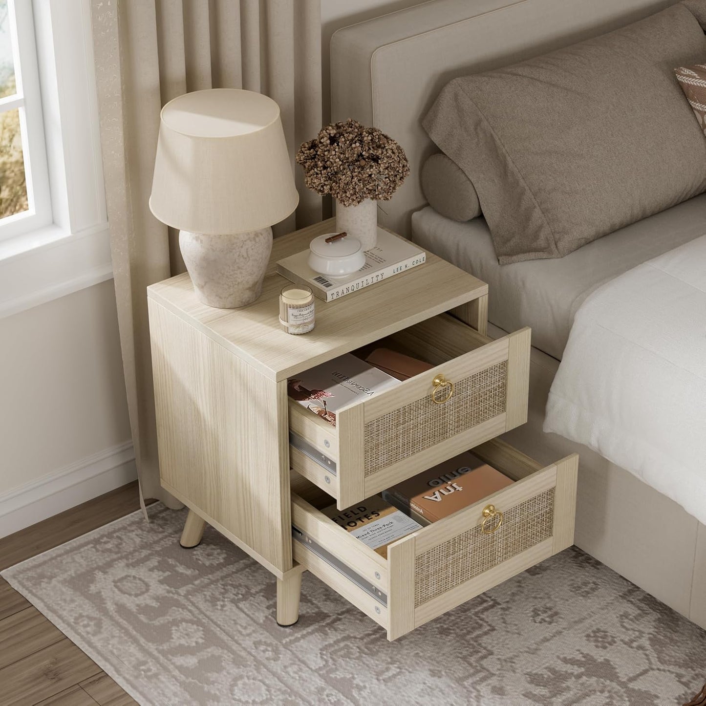 BOLUO Wooden Night Stand with 2 Drawer, Rattan Small Nightstand Boho Bedside Table for Cozy Bedroom
