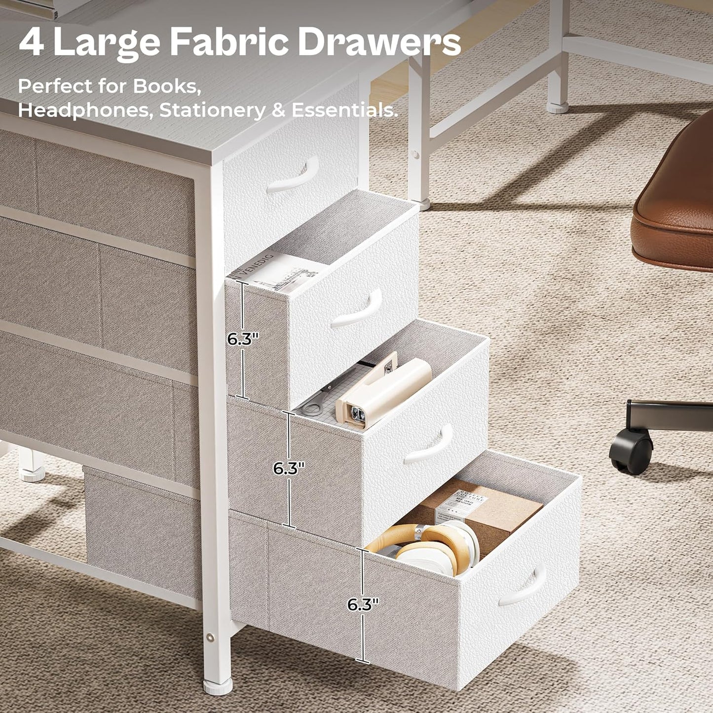 Huuger 63 Inch L Shaped Desk with Fabric Drawers, Reversible Computer Gaming Desk with Power Outlets and USB-C Port, Adjustable Side Storage Shelves, for Work Study Corner Home Office, White