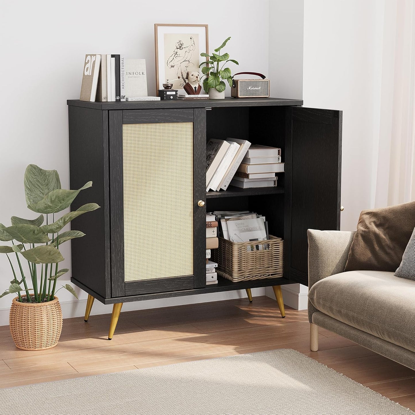 Shintenchi Rattan Buffet Cabinet with Storage, Sideboard Buffet Cabinet with Rattan Decor Doors, Modern Wood Cupboard for Kitchen Living Room Dining Room Hallway Entry,Black