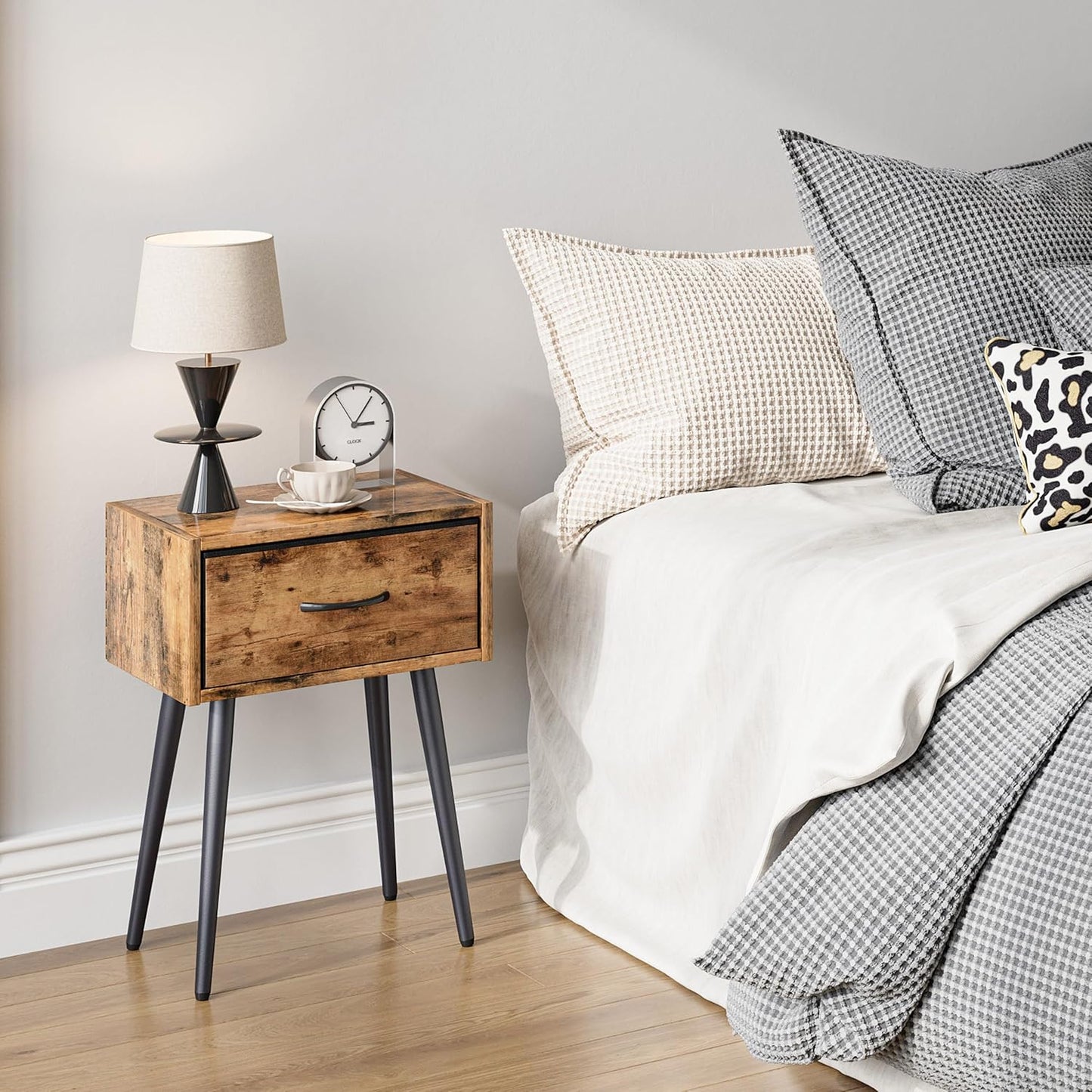 Small Nightstands Set of 2, Bedside Table with Fabric Drawer, Idustrial End Table with Metal Leg, Couch Side Table for Bedroom Living Room, Sofa, Office Rustic Brown LNT504R