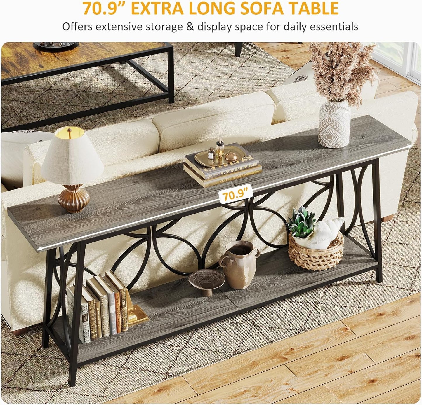 70.9-Inch Sofa Table, 2-Tier Narrow Console Table with Storage for Entryway, Living Room, Hallway, Foryer, Geometric Pattern Design (Grey)