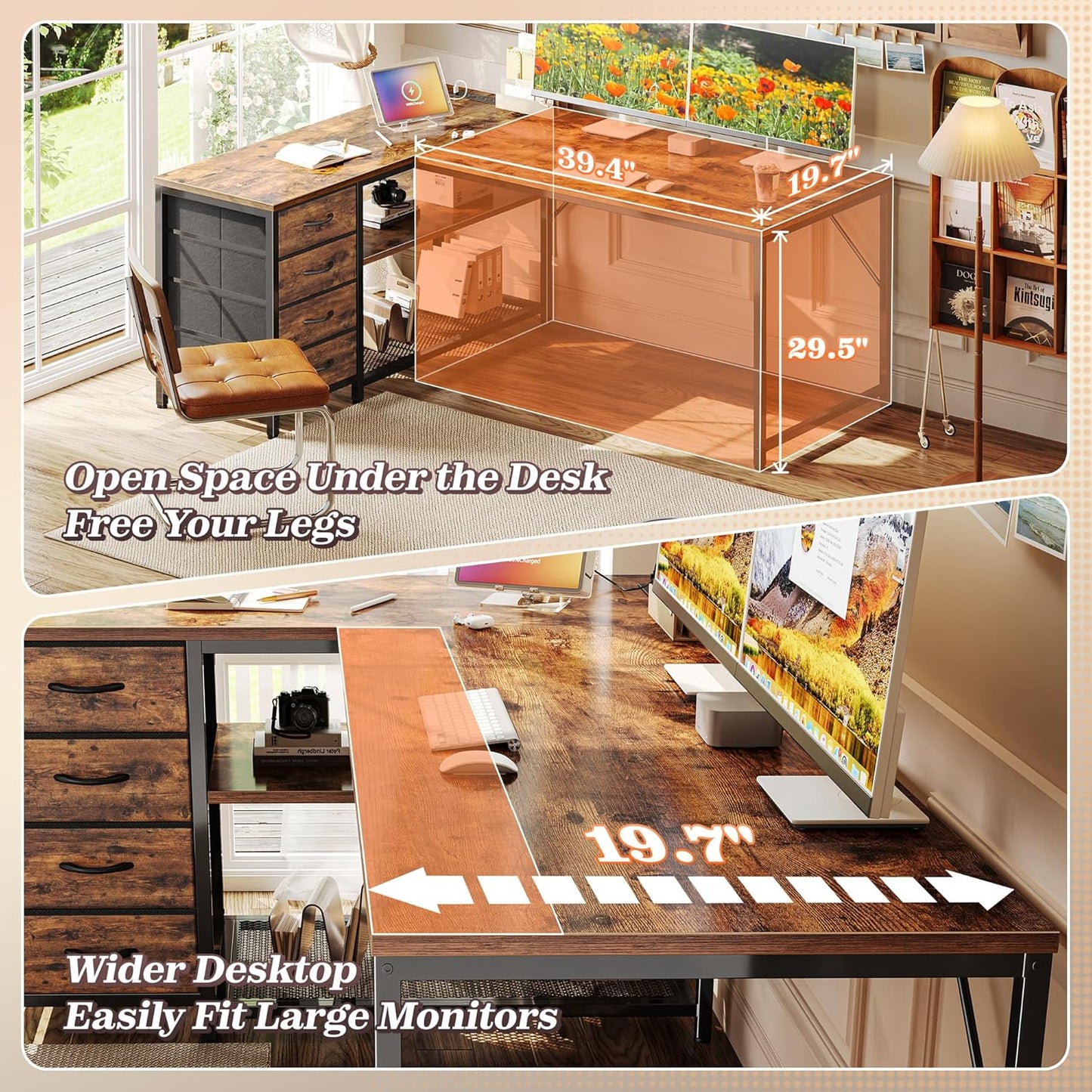 PRAISUN 53" L Shaped Desk with Power Outlets and USB-C Port, Reversible Computer Corner Office Desk with 4 Fabric Drawers and 2 Height-Adjustable Shelves, Large for Gaming Writing Study, Rustic Brown