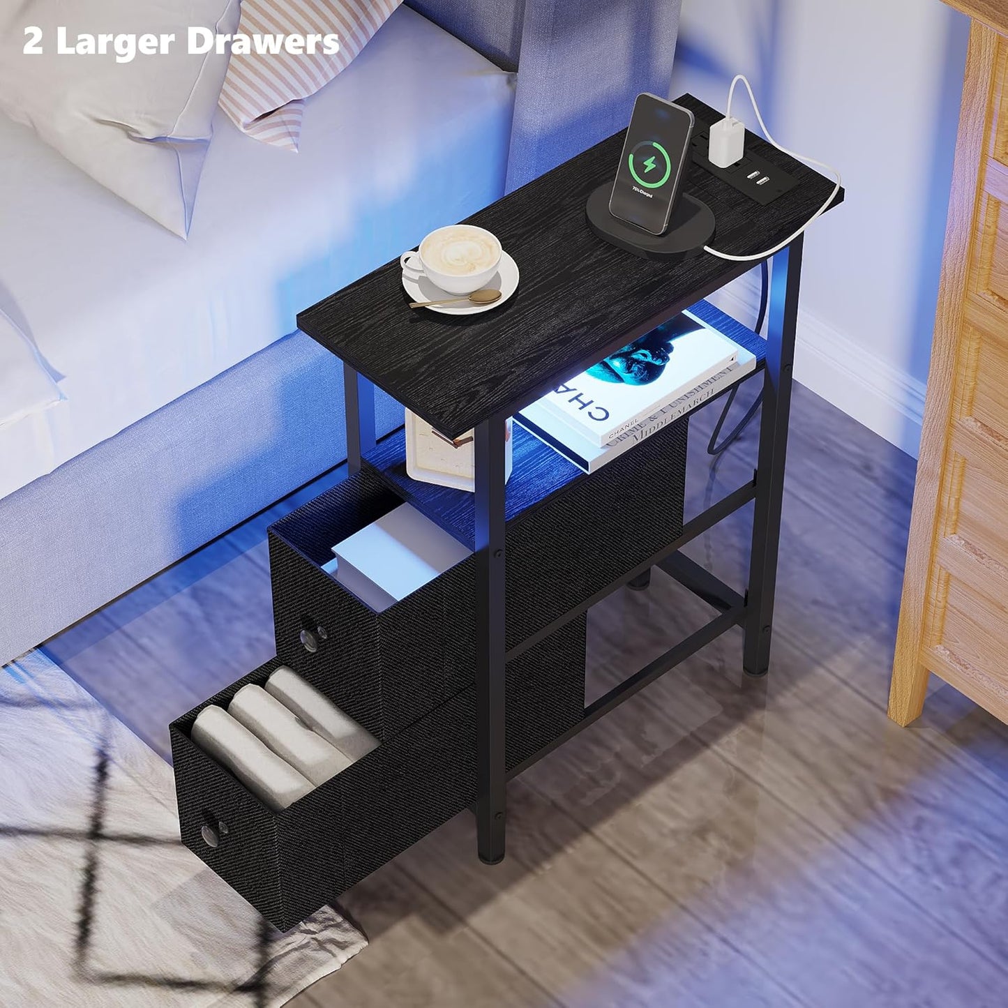 End Table with Charging Station, Narrow Side Table with 2 Fabric Drawers, Skinny Nightstand with LED Light, Slim Bedside Table for Bedroom, Living Room, Small Spaces, Black
