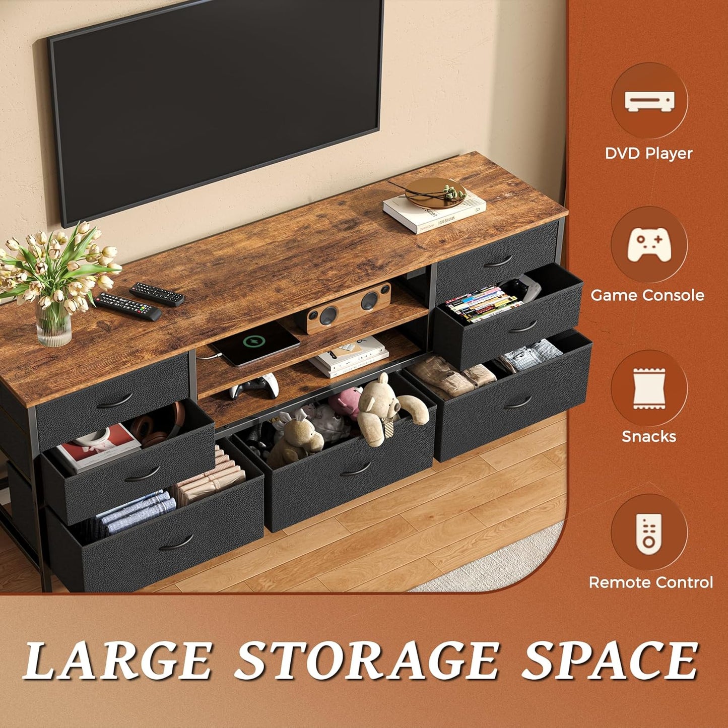 Huuger TV Stand Dresser with Power Outlets and LED Lights, 7 Drawers Entertainment Center for 60 Inch TV, TV Console with Open Shelf, 55 Inches Wide Fabric Dresser, PU Leather, Rustic Brown and Black