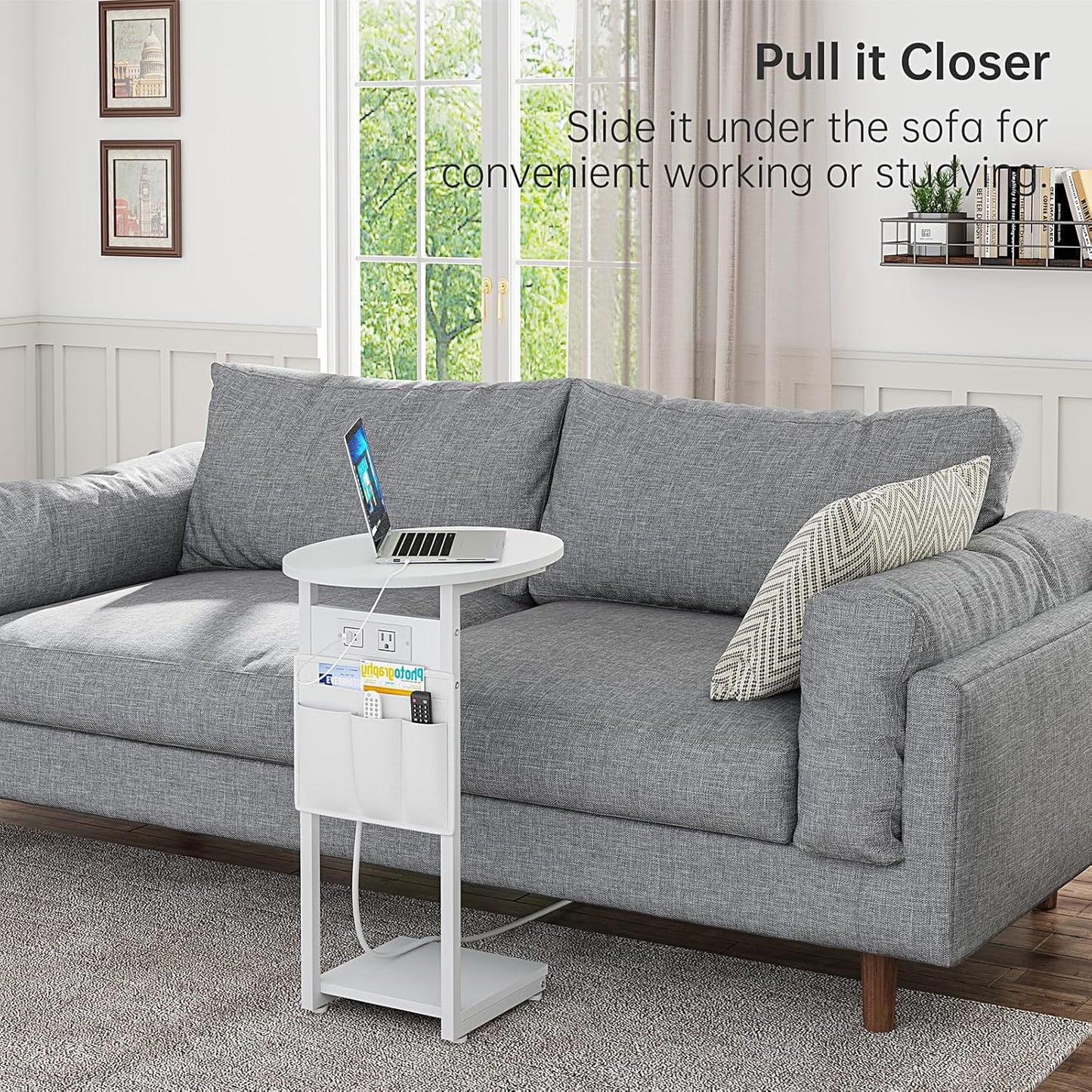 Vagusicc C Shaped End Table with Charging Station, Small Side Table for Couch, TV Tray Slide Under Sofa Table for Living Room and Bedroom, C Table Round Couch Side Table, White