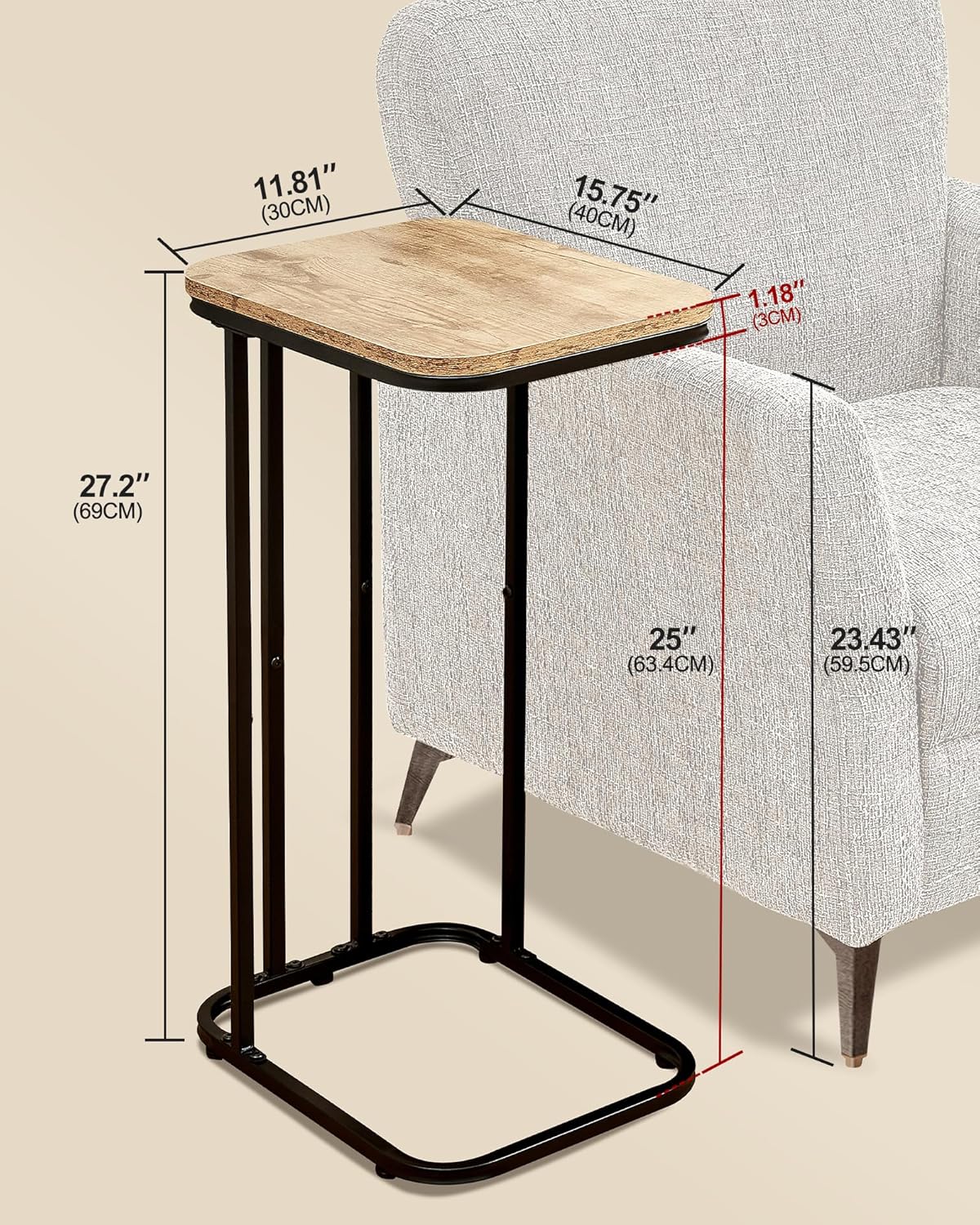 C Shaped End Table Set of 2, Small Side Table for Sofa and Bed, Couch Tables That Slide Under, Tall Tv Tray Table for Living Room, Bedroom, Greige + Black