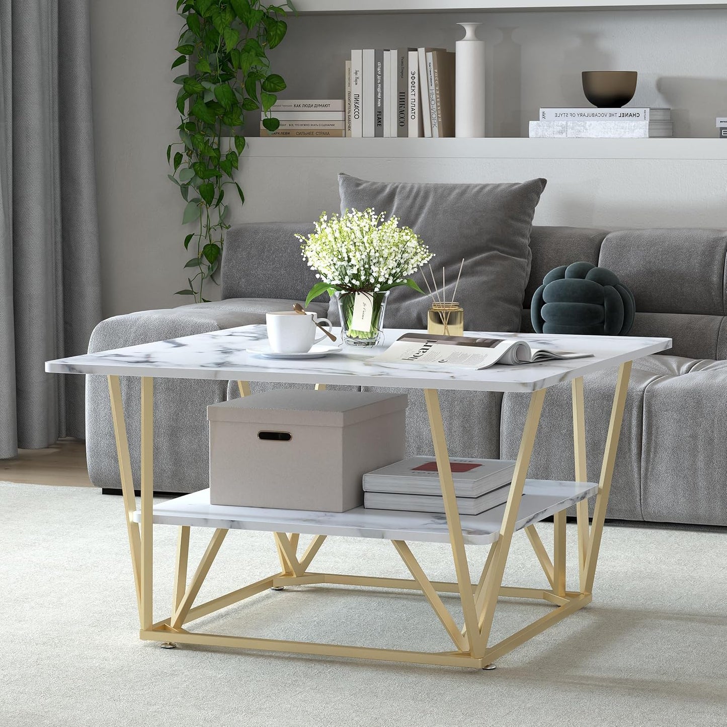 Elephance Square Coffee Table for Living Room, 31.5 Inch Modern Coffee Table with Storage, 2-Tier White and Gold, Wooden Tabletop-Marble White with Gold Frame