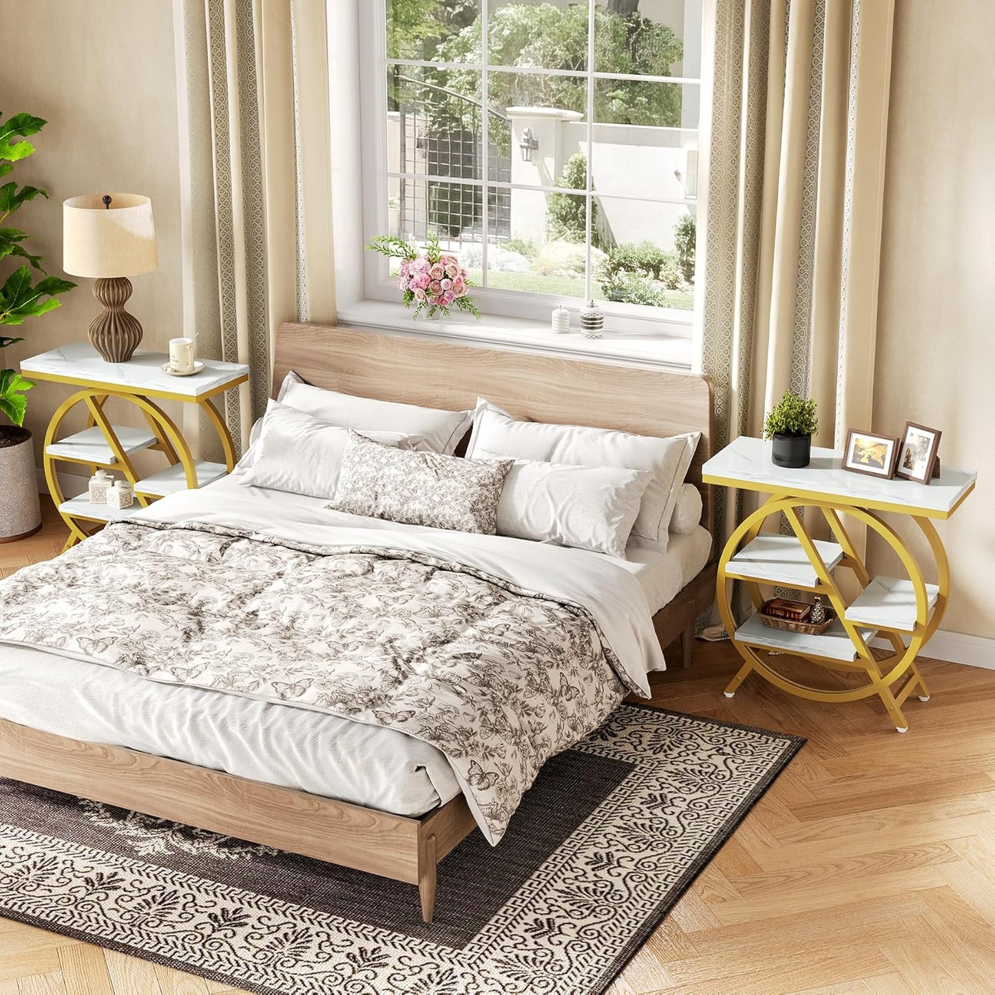 LITTLE TREE End Table, 4-Tier Narrow Faux Marble Side Table with Large Storage Space, Modern Nightstand and Bedside Table for Living Room, Home Office, Bedroom, White and Gold