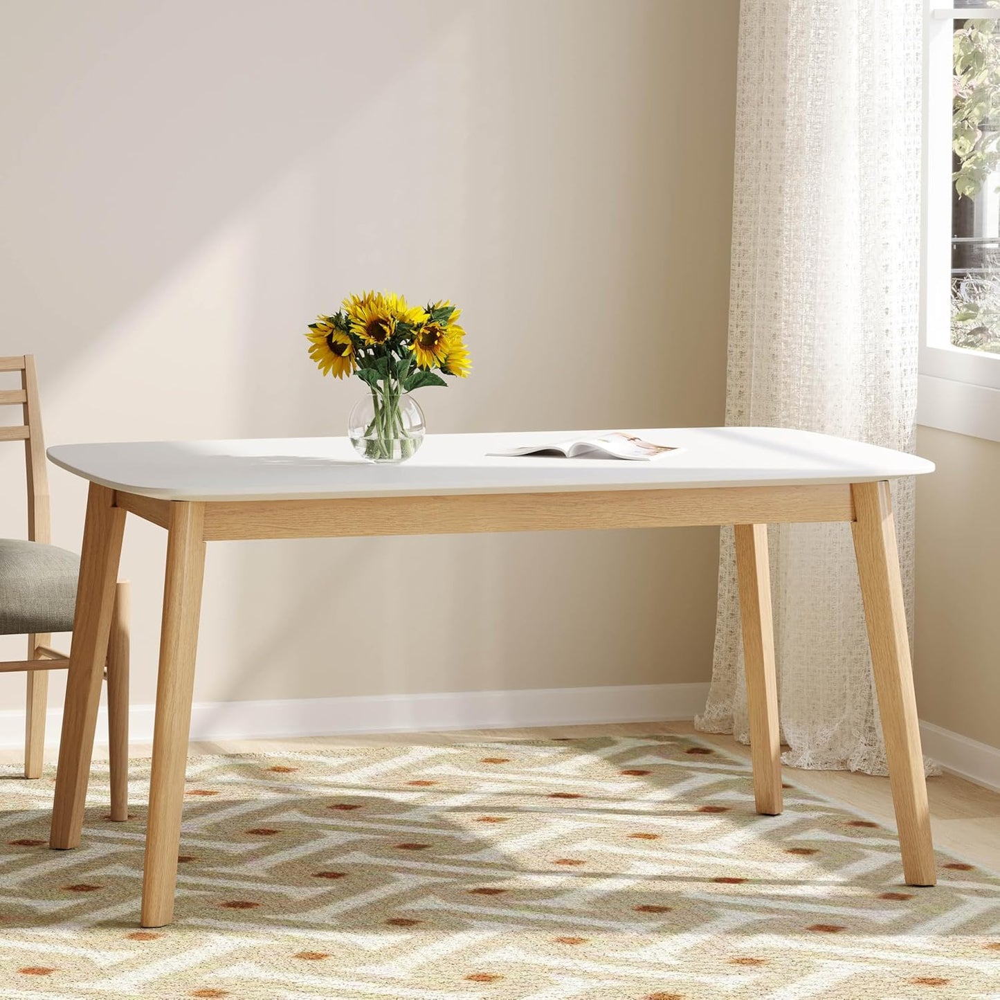 Merax 5-Piece Dining Set, Solild Wood Table & Chairs with Backrests for 4, Farmhouse Natural Kitchen Furniture for Home, Dining Room, Natural Oak+Beige