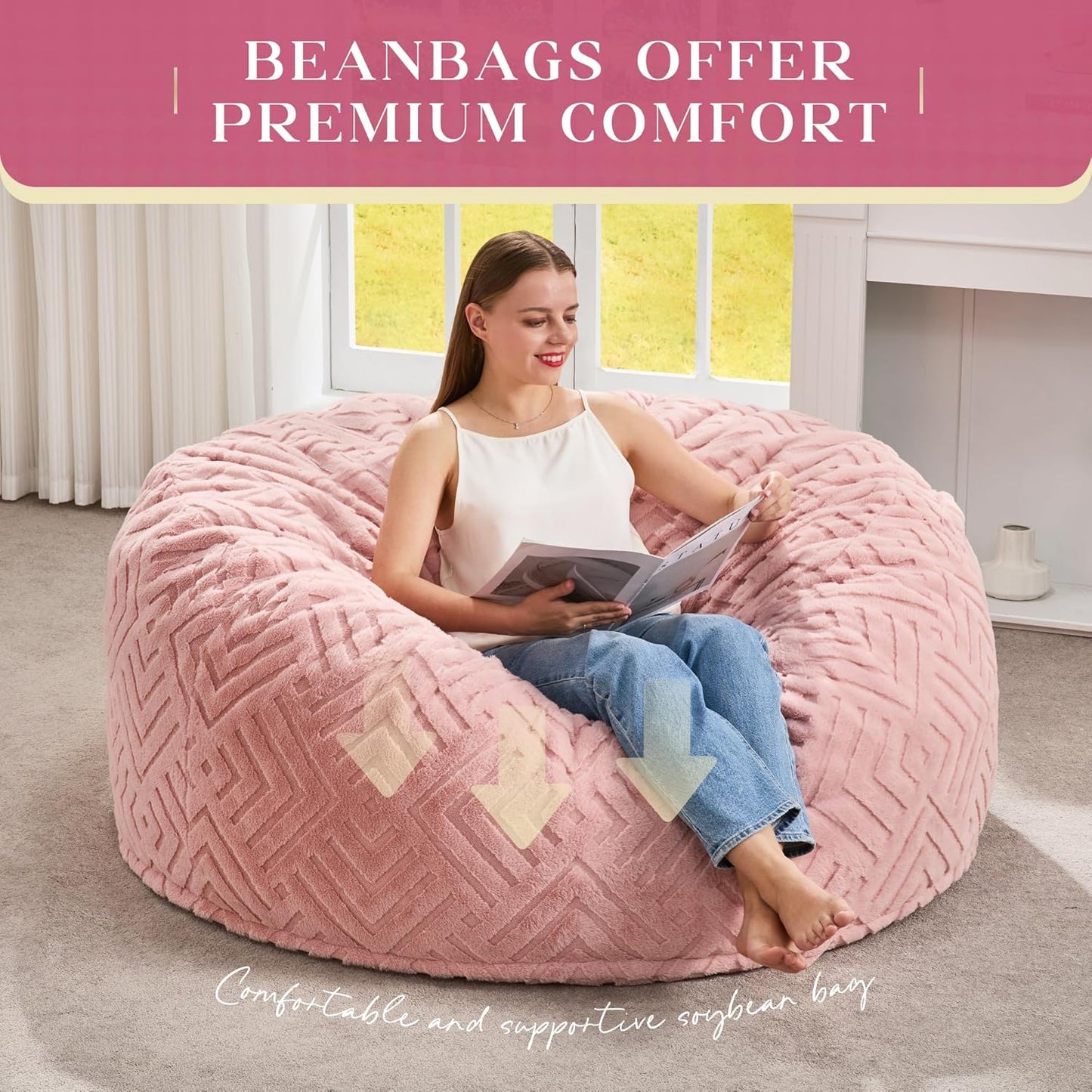 Hobestluk Bean Bag Chairs Adults Beanbag Chair with Filler Large Bean Bags with Fluffy Embossed Cover, Giant Bean Bag Chairs for Adults (Pink, 4FT - 44” x 44” x 24”)