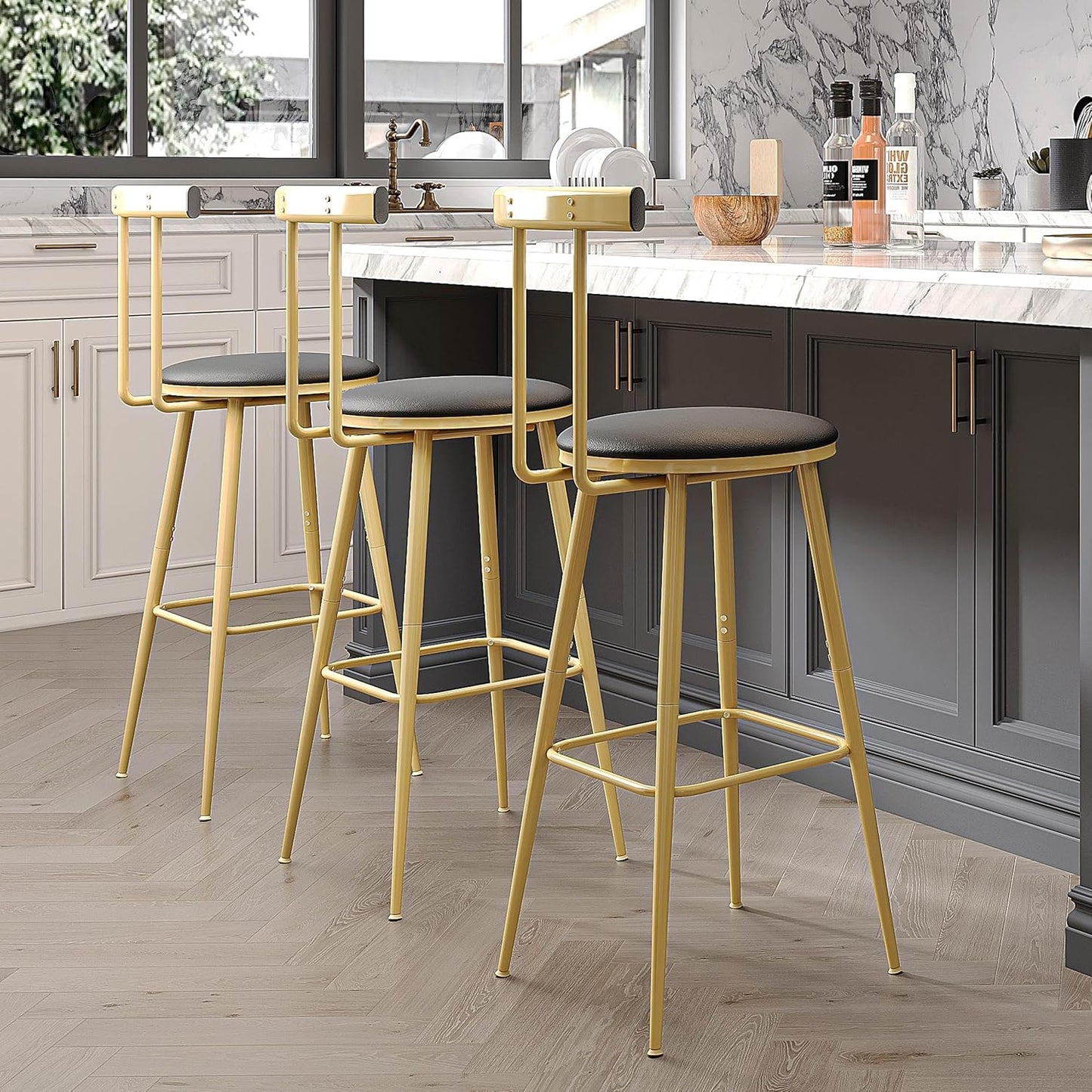 Bar Stools, Set of 2 High Kitchen Barstools, Bar Chairs with Backrest and Footrest, Industrial Counter Stools with PU Soft seat, for Kitchen, Living Room, Pub, Gold Color BS-012GC