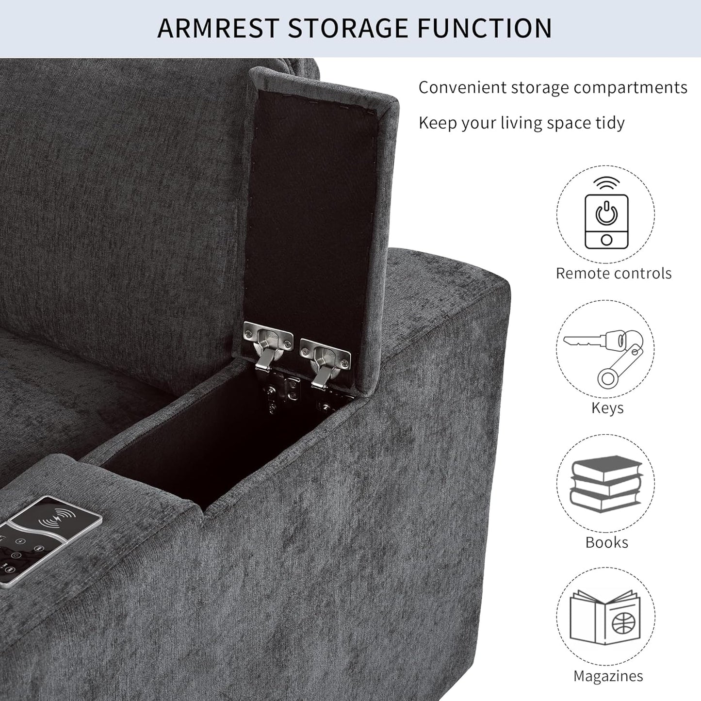 133.9 Inch Modular Convertible Sectional Sofa with Storage, USB Ports, Wireless Charging & Built-in Speaker in Arm, L-Shaped Upholstered Sleeper Couch for Living Room Office, Gray