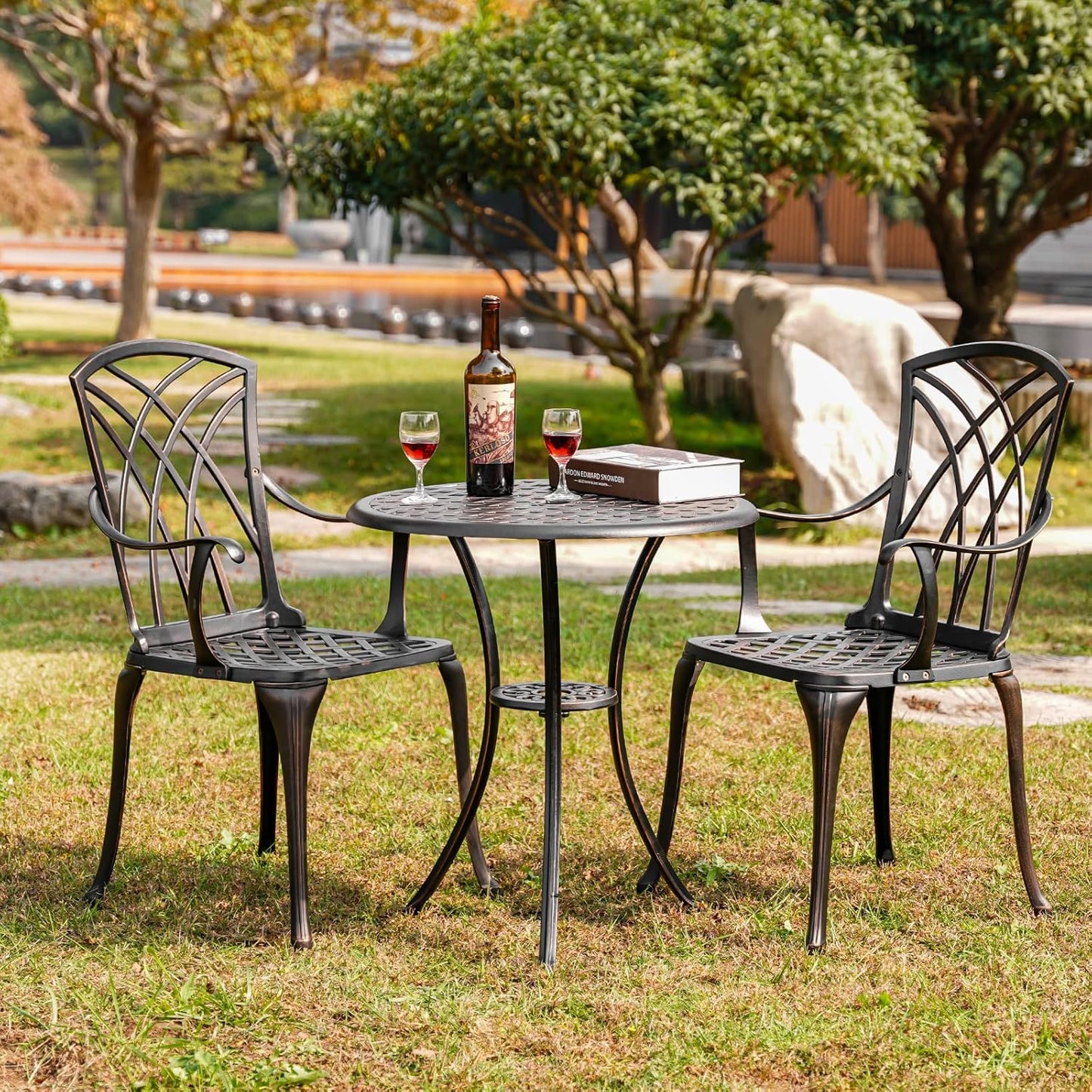 3 Piece Patio Bistro Set Outdoor Bistro Table Set Anti Rust Bistro Table and Chairs w/Umbrella Hole, Durable Patio Set for Porch, Balcony
