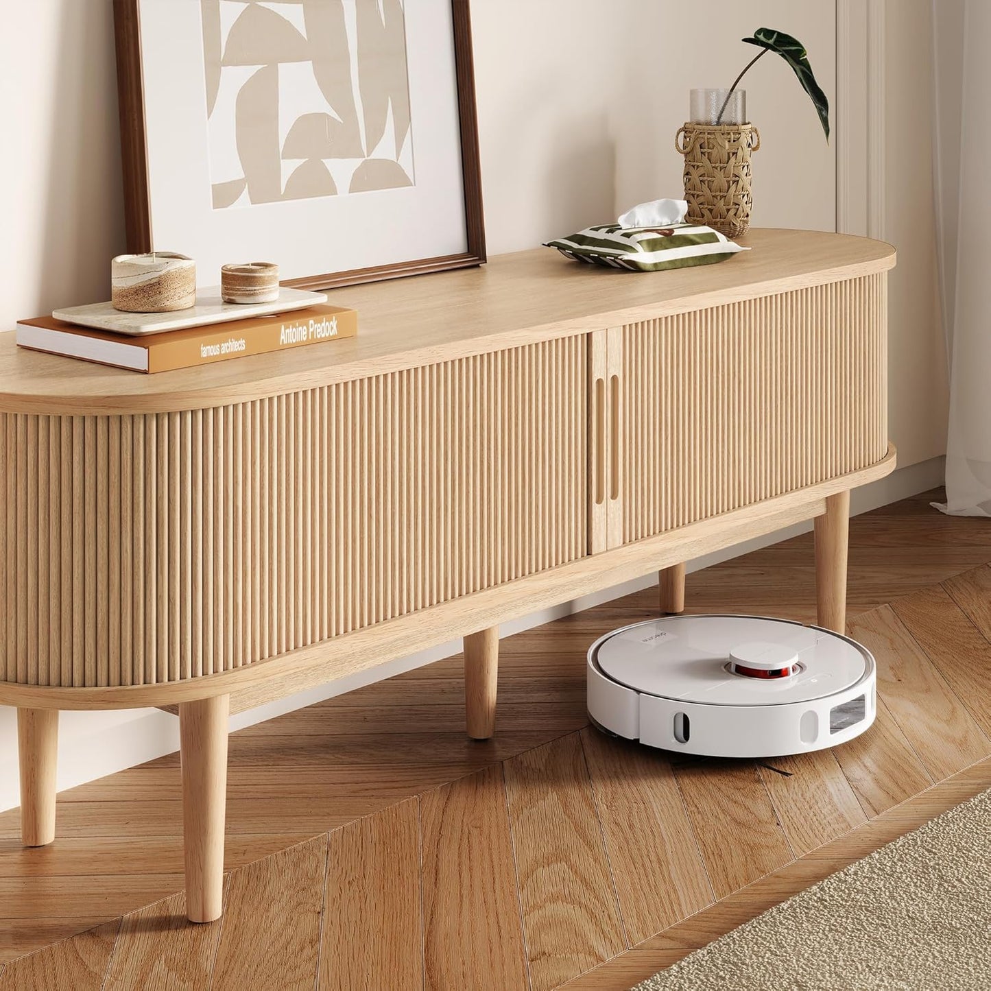 LINSY 58" Fluted TV Stand, Modern Entertainment Center for TVs Up to 65 inches, TV Console with Sliding Doors, Curved Profile Design, Media Console for Living Room, Light Wood