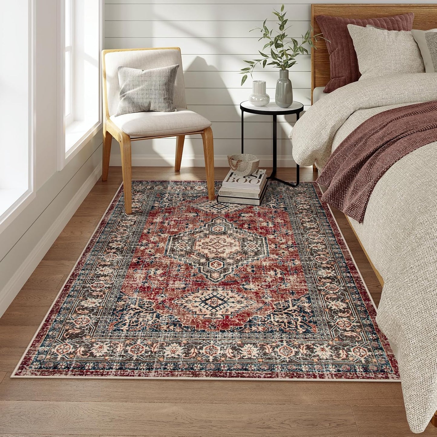 Lahome Oriental Washable Rugs for Bedroom, 4X6 Soft Living Room Rug Ultra-Thin Non-Slip Stain Resistant Vintage Low-Pile Throw Carpet for Office Entryway, Brick Red