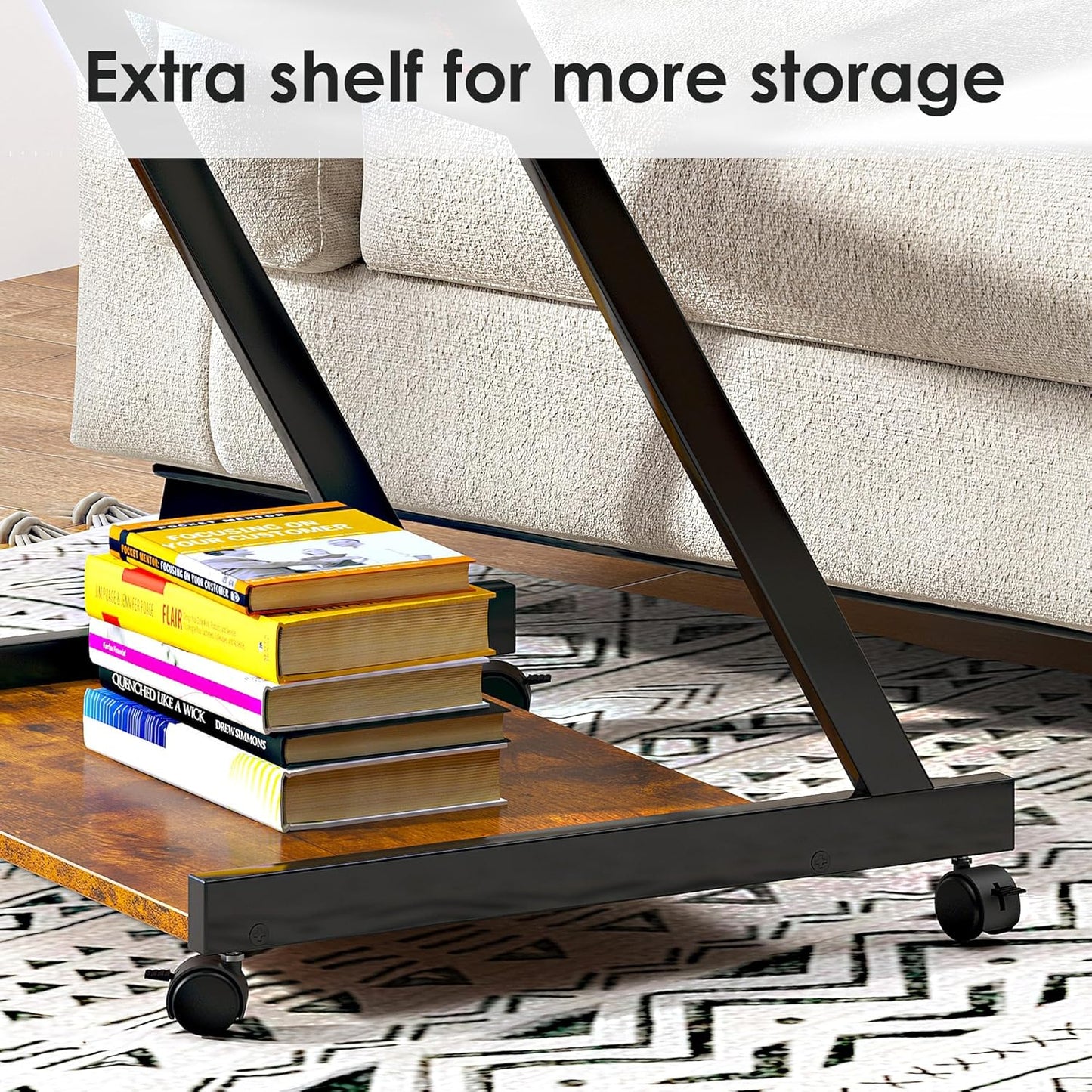 soges Small Rolling Computer Desk, Z Shape Laptop Desk Cart on Wheels, Mobile Computer Workstation for Home and Office with Keyboard Tray, Rustic Brown