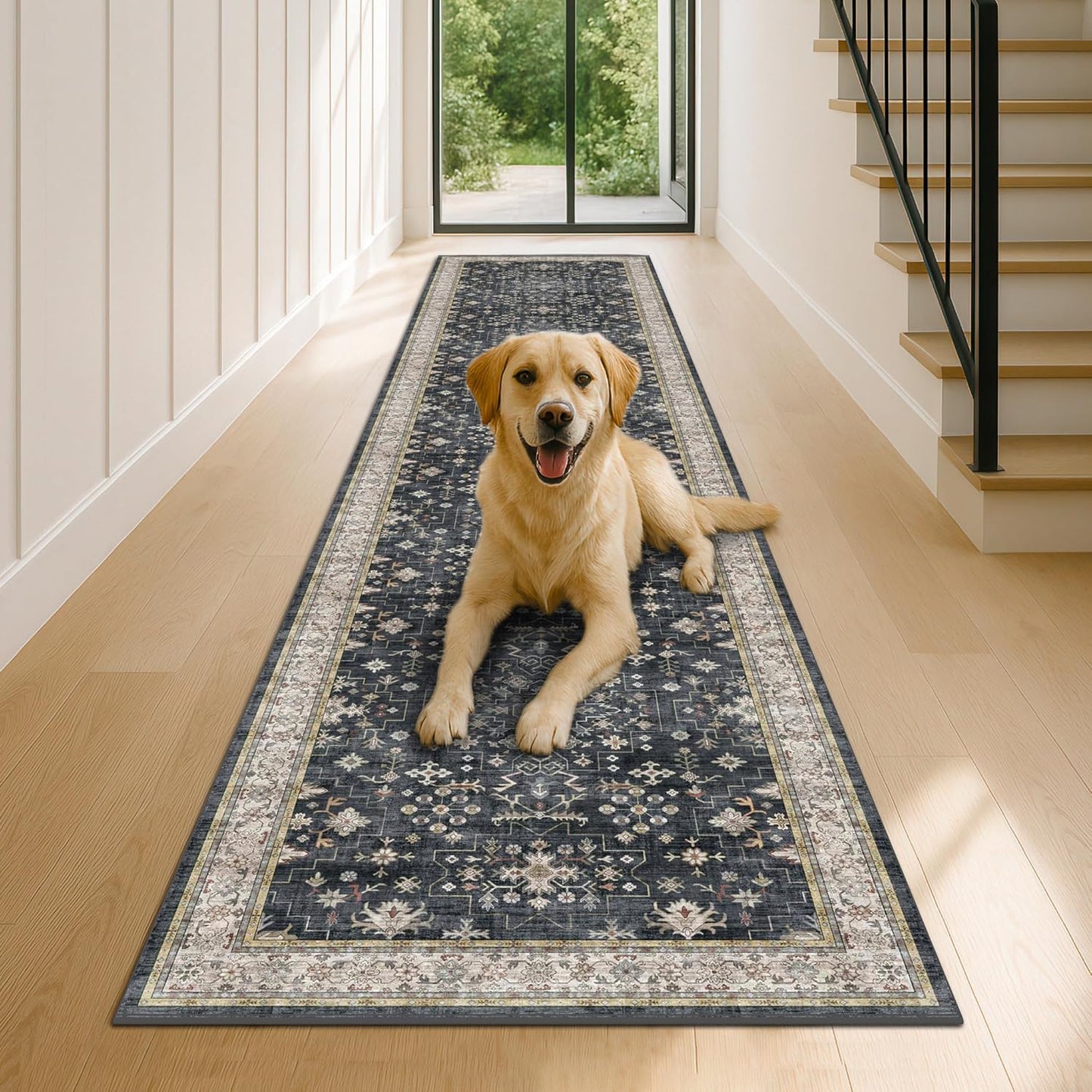 Black Boho Washable 3x12 Extra Long Runner Rug for Hallway, Waterproof Large Kitchen Floor Rug, Non-Slip Stain & Fade Resistant, Vintage Floral Decor