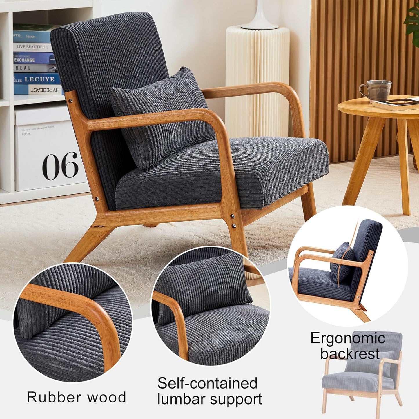 Ball & Cast Living Room Chair with Pillow,Mid-Century Modern Armchair w/Solid Wood Frame & Extra-Thick Backrest,Upholstered Reading Accent Chair for Bedroom,Dark Grey