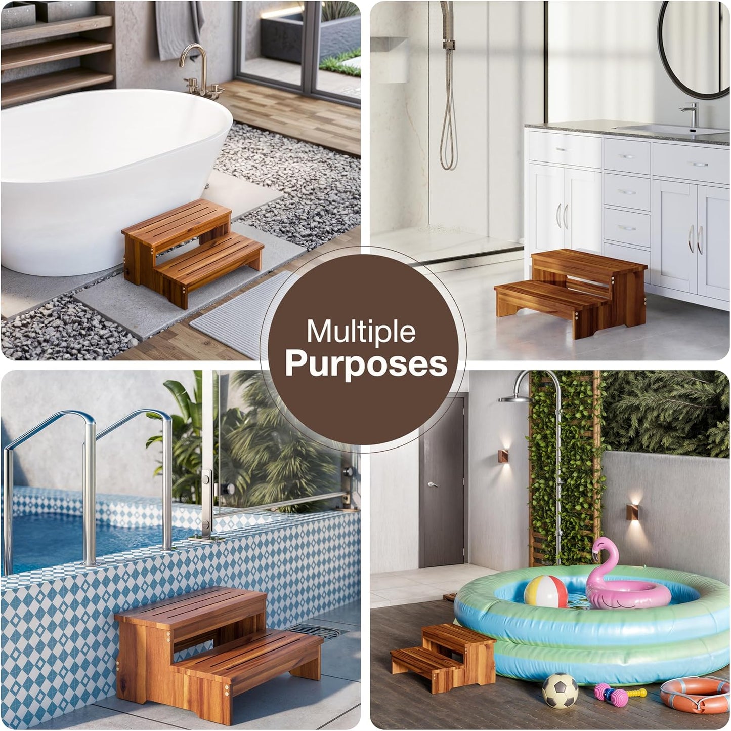 TINAMO 25" Long Step Stool for Adult & Kid - Acacia Wood Two Step Stool 500 Lb - Wooden Riser 2-Step Spa & Hot Tub Stairs for Pool - Heavy Duty 2 Step Stools for Bed, Kitchen,Outdoor (Patent Pending)