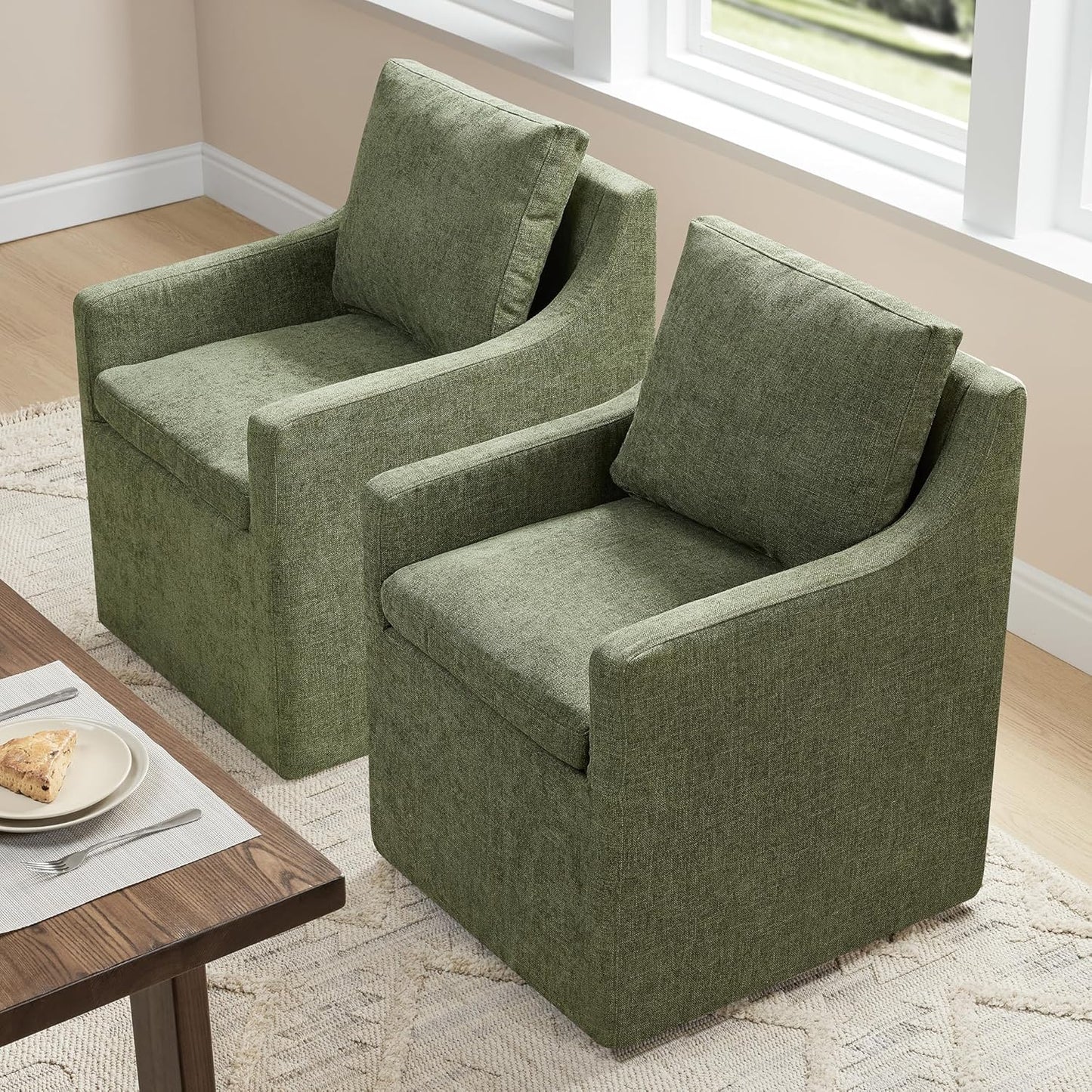 Upholstered Dining Chairs with Casters Easy Assembly Modern Accent Armchair with Rollers for Diningroom Bedroom Livingroom Reading Room,Green,2 Boxs