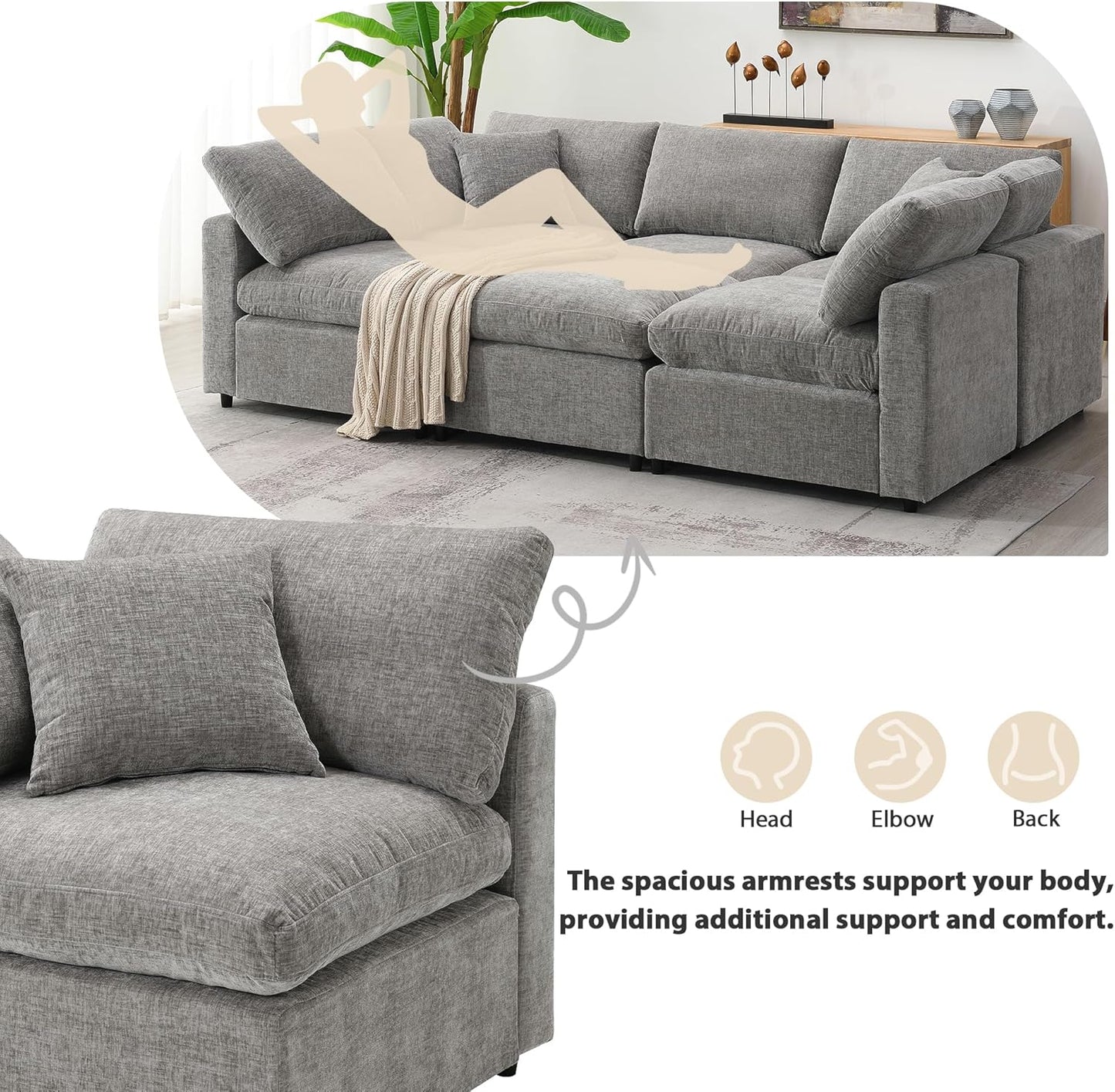 130" Chenille Modular Sofa,Modern 6 Seat Free Combination Cloud Couch Bed Set,Convertible U Shaped Sleeper Couched,with Ottoman,for Living Room, Apartment,Sleeping Room,Gray