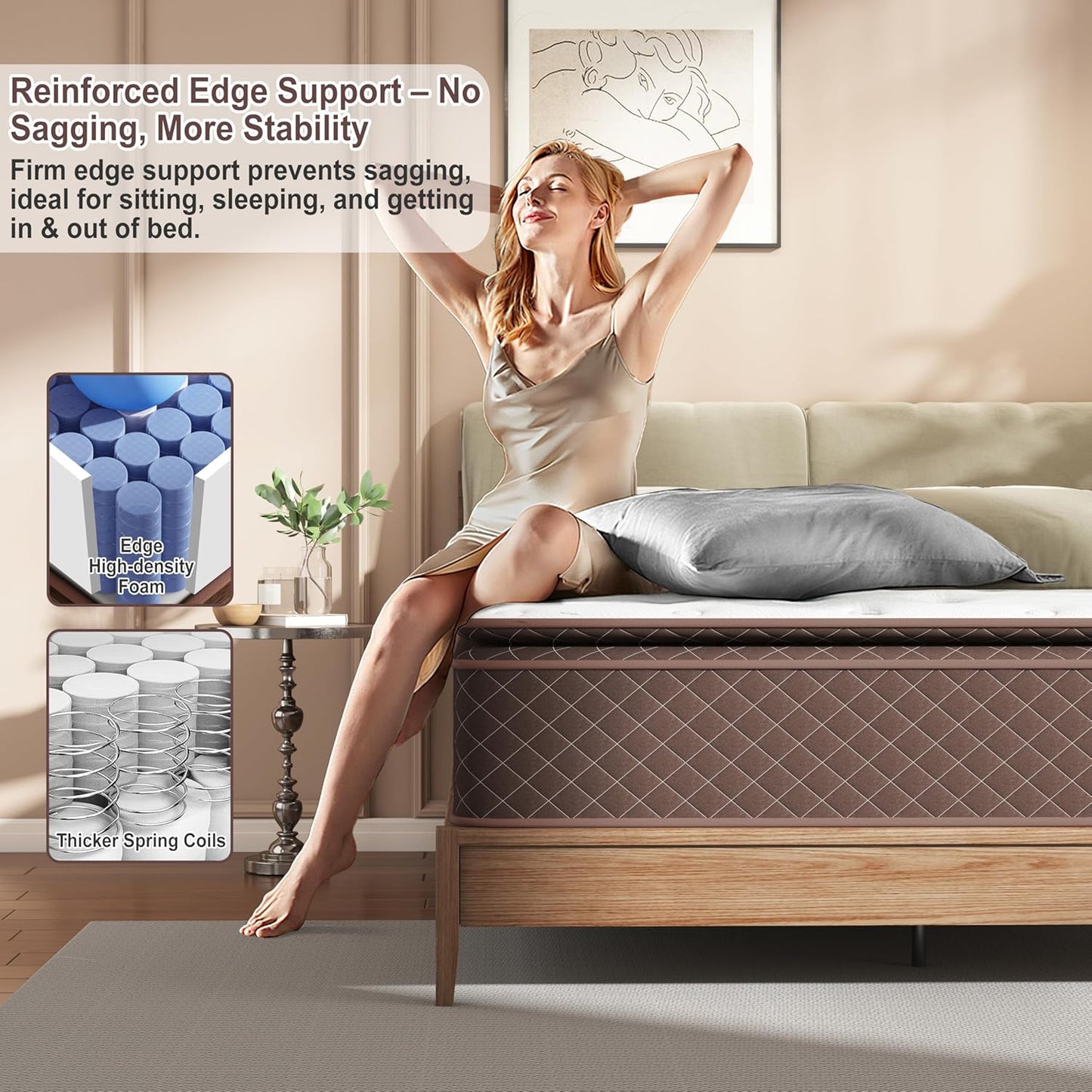 Queen Mattress, 14 Inch Pillow Top Queen Size Mattress – Plush Comfort with Pocketed Coils & Pressure Relief – Ideal for Side Sleepers, Motion Isolation & Back Pain Relief,Firm