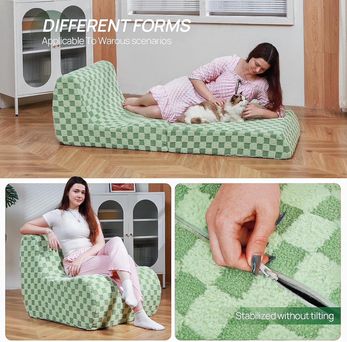 Bean Bag Chair with Checkerboard Shaker Fleece Fabric, Folding Sofa Bed, Floor Sleeper Lounge Chair, Lazy Sofa for Living Room, Bedroom, Apartments (Mint Green)
