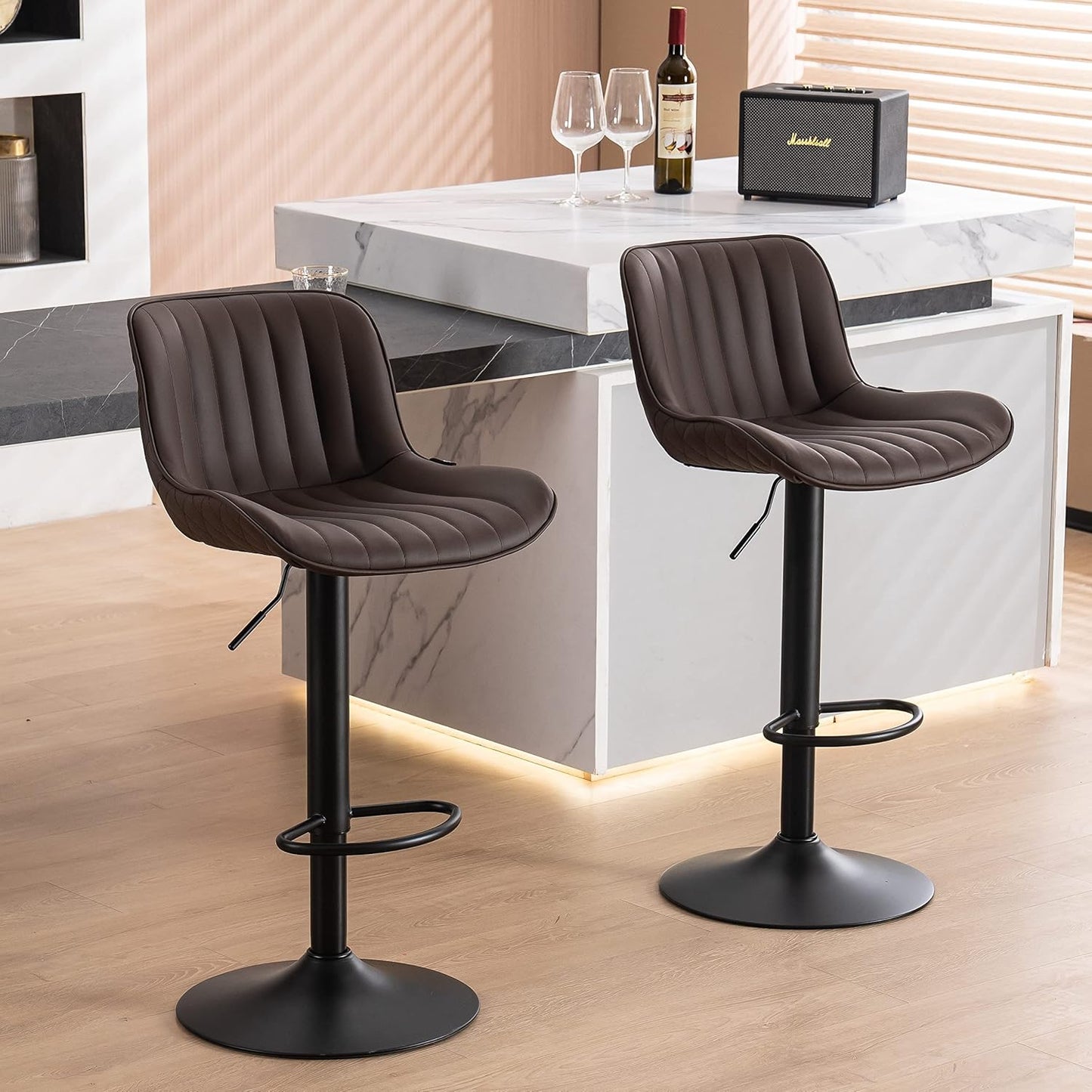 YOUNUOKE Counter Height Bar Stools Set of 2, Adjustable Swivel Stool Chairs with Back, Brown Faux Leather Upholstered, Mid-Century Modern Barstools for Kitchen Island, Dining Room, Home Bar, Bistro