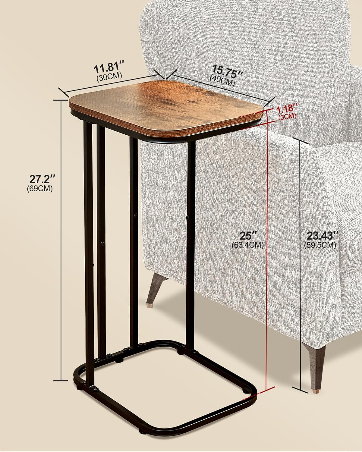 C Shaped End Table Set of 2, Small Side Table for Sofa and Bed, Couch Tables That Slide Under, Tall Tv Tray Table for Living Room, Bedroom, Rustic Brown & Black
