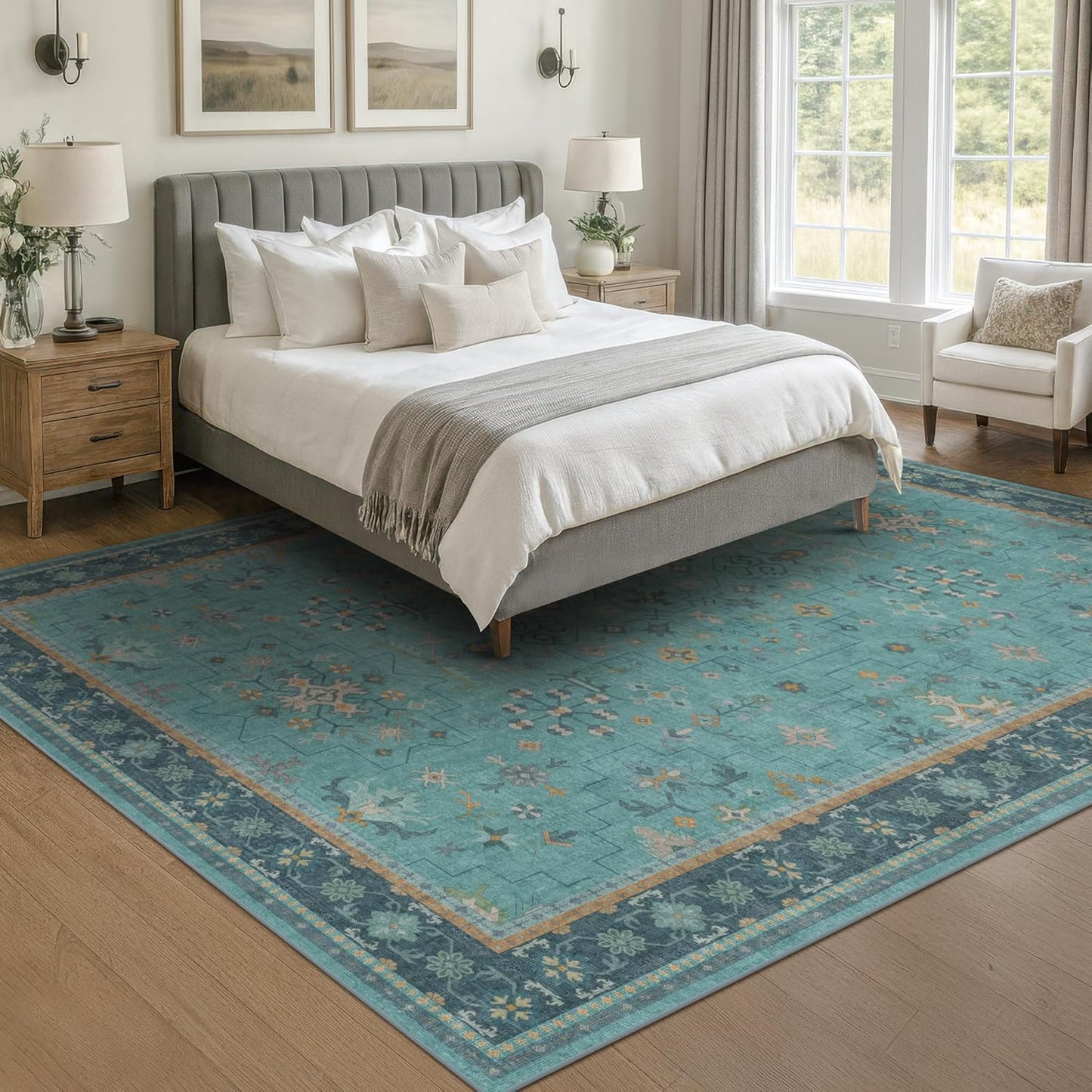 Boho 8x10 Large Teal Green Rugs for Living Room - Vibrant Turquoise Rug for Bedroom under Bed, Dining Room under Kitchen Table, Washable Soft Non Slip Unique Aqua Colorful Indoor Décor teal area rug