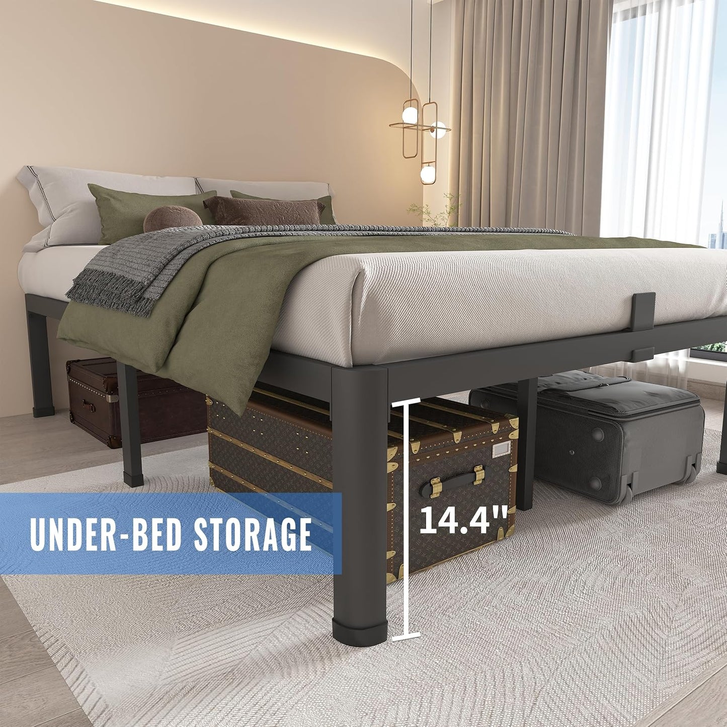 MAF 16 Inch Twin Bed Frames with Round Corner Legs Mattress Slide Stopper No Box Spring Needed Heavy Duty Metal Platform Bed Frame Under-Bed Storage Space, 3000 LBS Steel Slats Support