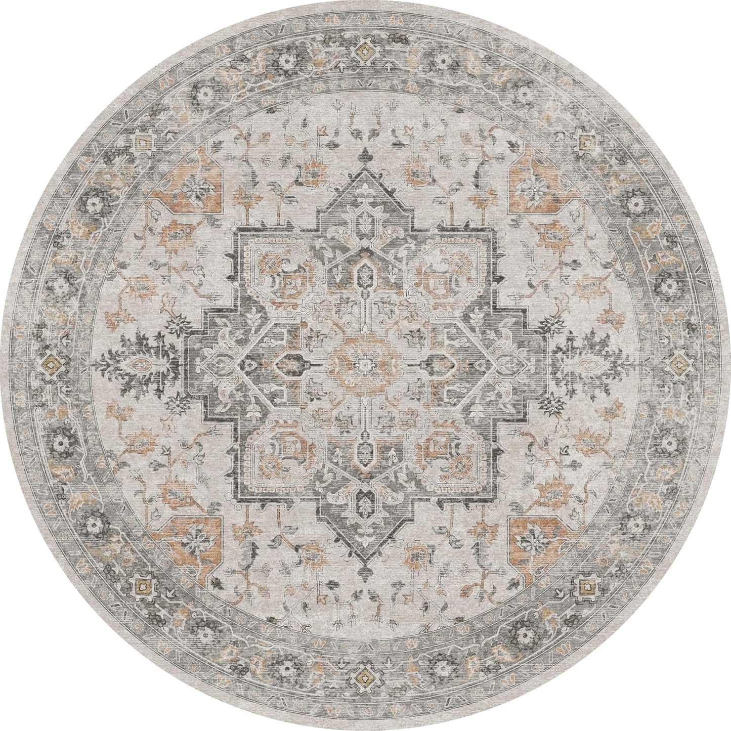 GENIMO 4FT Round Area Rugs for Living Room, Circle Rugs Machine Washable Low Pile, Chenille Non Slip Vintage Rug for Bedroom, Dining Room, Home Office, Light Taupe Brown