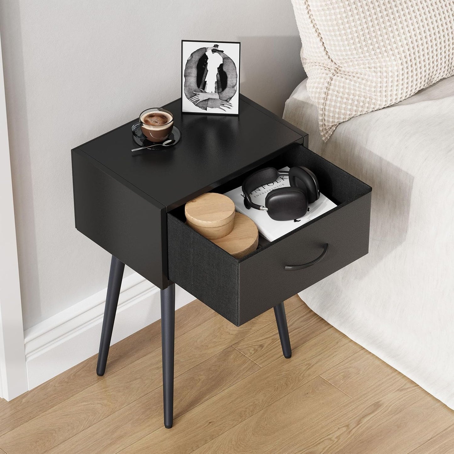 Black Nightstands Set of 2, Small Bedside Table with Fabric Drawer, Modern End Table with Metal Leg, Couch Side Table for Bedroom Living Room, Sofa, Office LNT504B