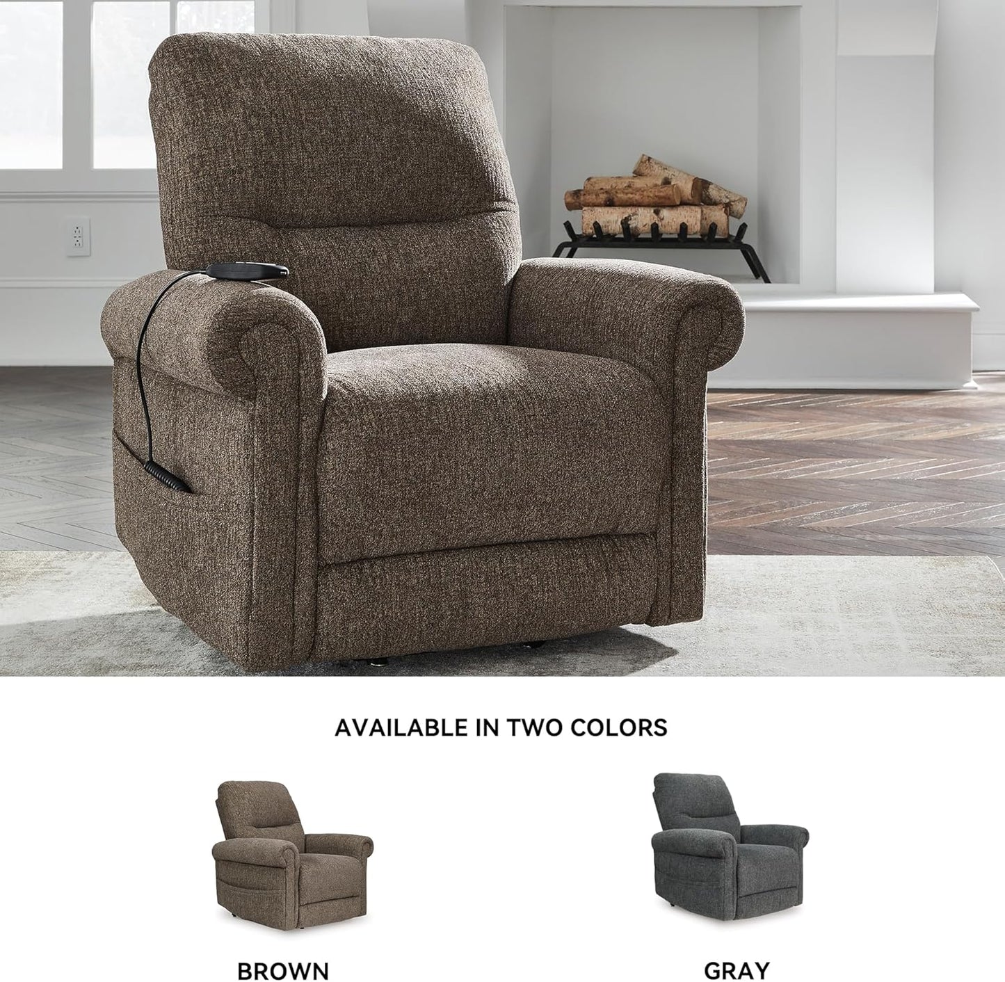 Signature Design by Ashley Aureta Classic Stain Resistant Power Lift Recliner with Side Pocket, Heat and Massage, Dark Brown