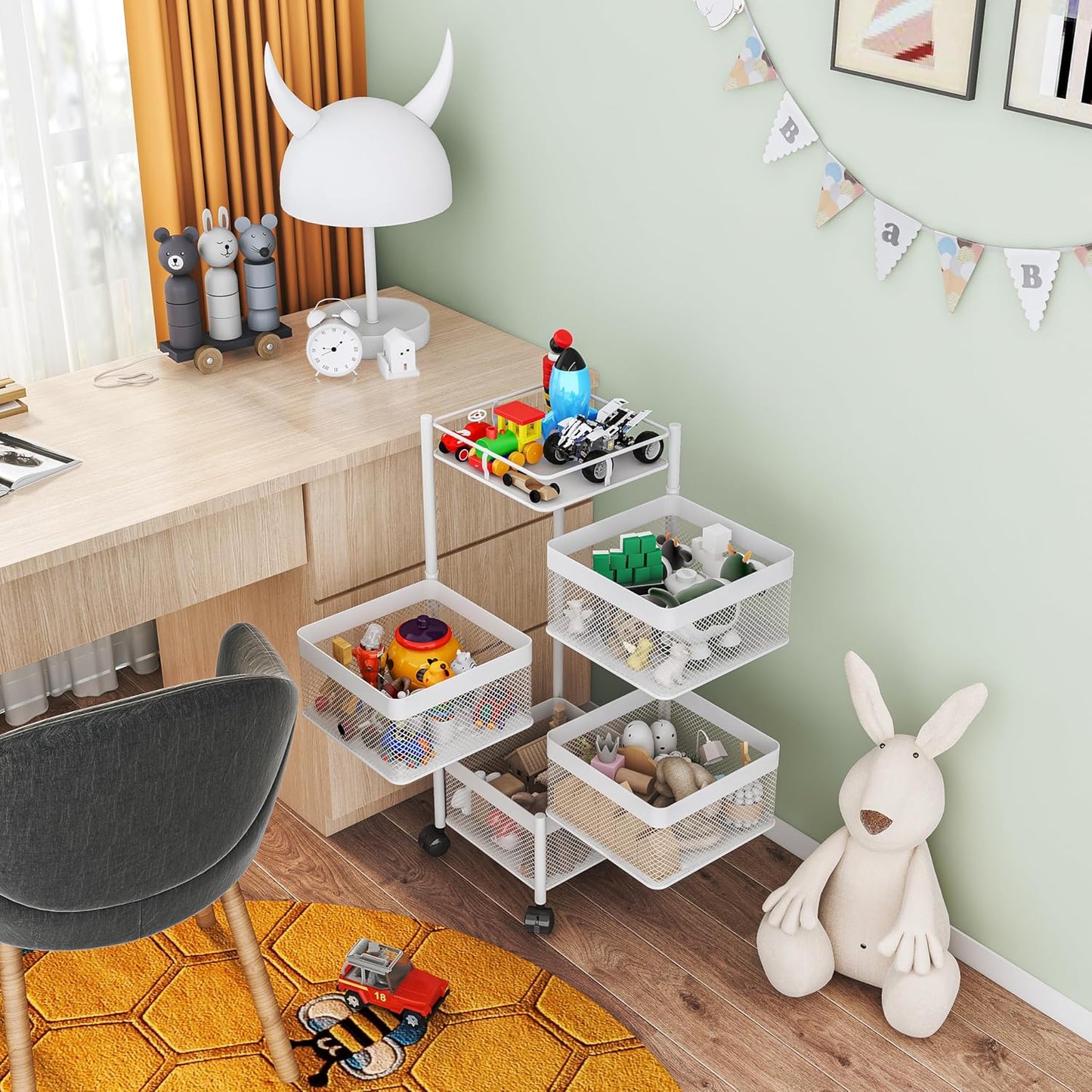 Rotating Kitchen Storage Rack,Fruit and Vegetable Basket Cart,Bathroom Shelf,Kitchen Organization and Storage Rack,Rolling Carts on Wheels(White, 4 Tier-Square)