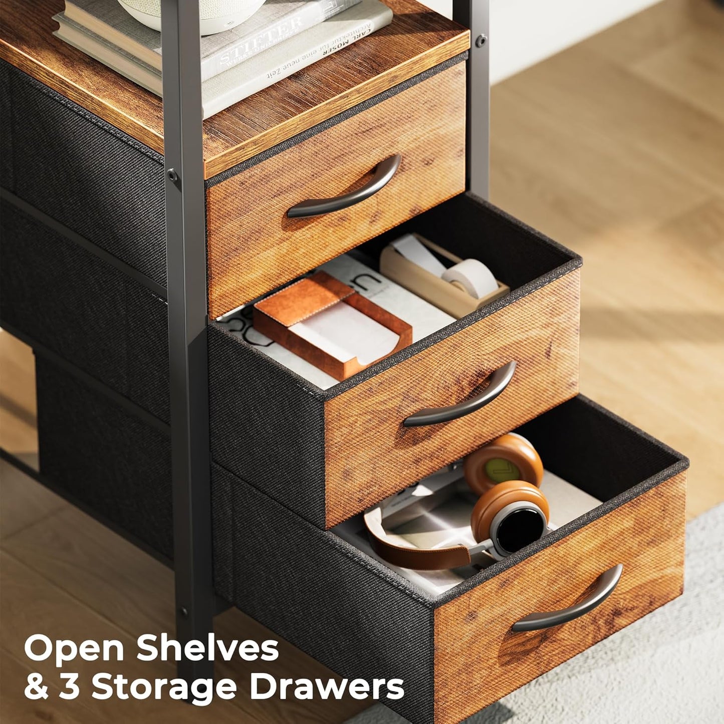 Huuger L Shaped Desk with Power Outlets, 63 Inch Reversible Computer Desk with 3 Drawers and Shelves, Home Office Table for Corner Work Study Writing Gaming, Rustic Brown