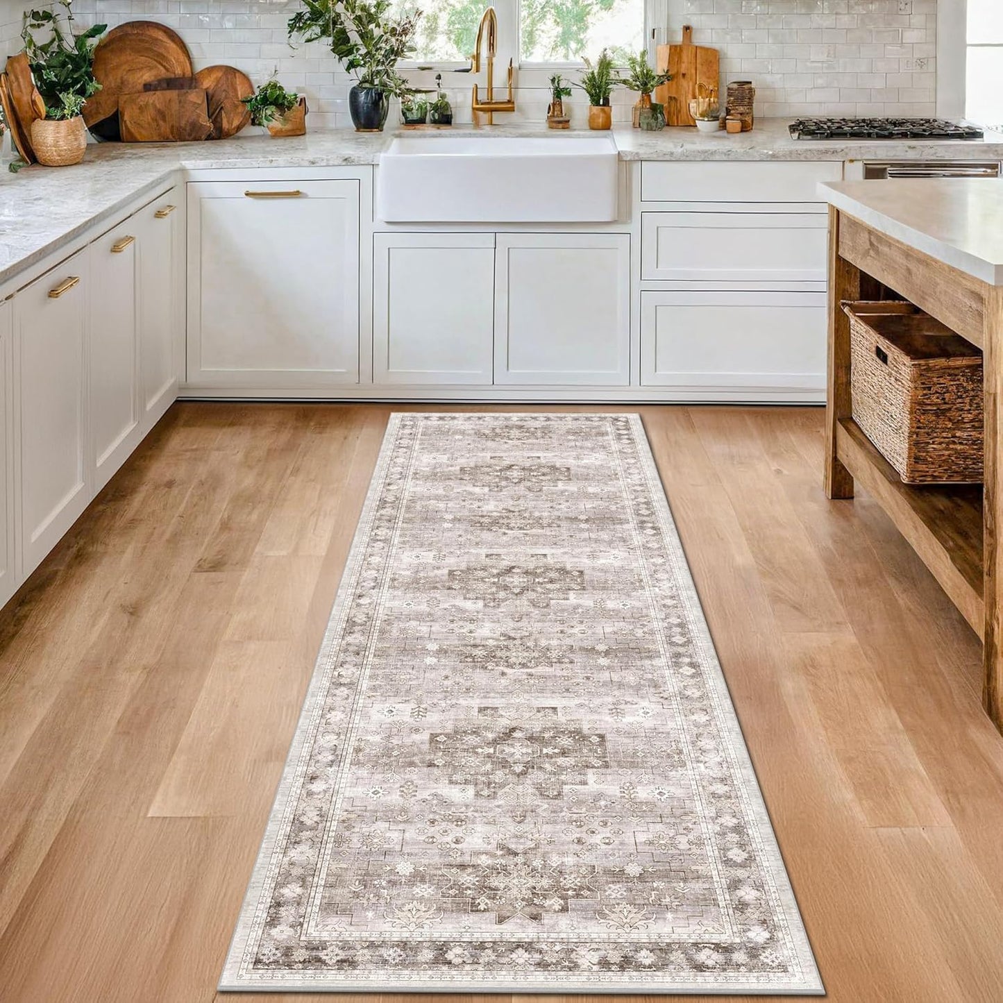 Boho Bathroom Rug 2x5 Runner, Neutral Farmhouse Kitchen Rugs, Small Throw Runners for Laundry Room Bedroom, Vintage Floral Décor, Non-Slip Low-Pile Washable Stain Resistant Beige Latte